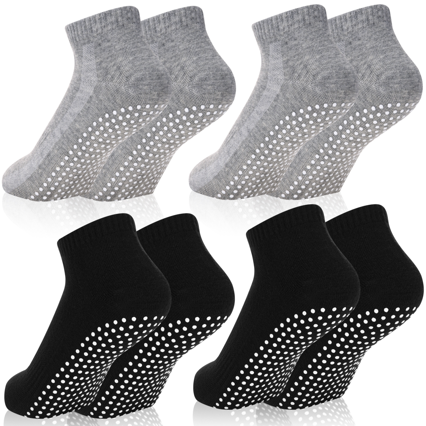 Sixwipe 4 Pairs Non Slip Socks with Grip, Anti Slip Socks with Cushion,Full Toe Ankle Fall Prevention Socks with Grip（black，light grey)