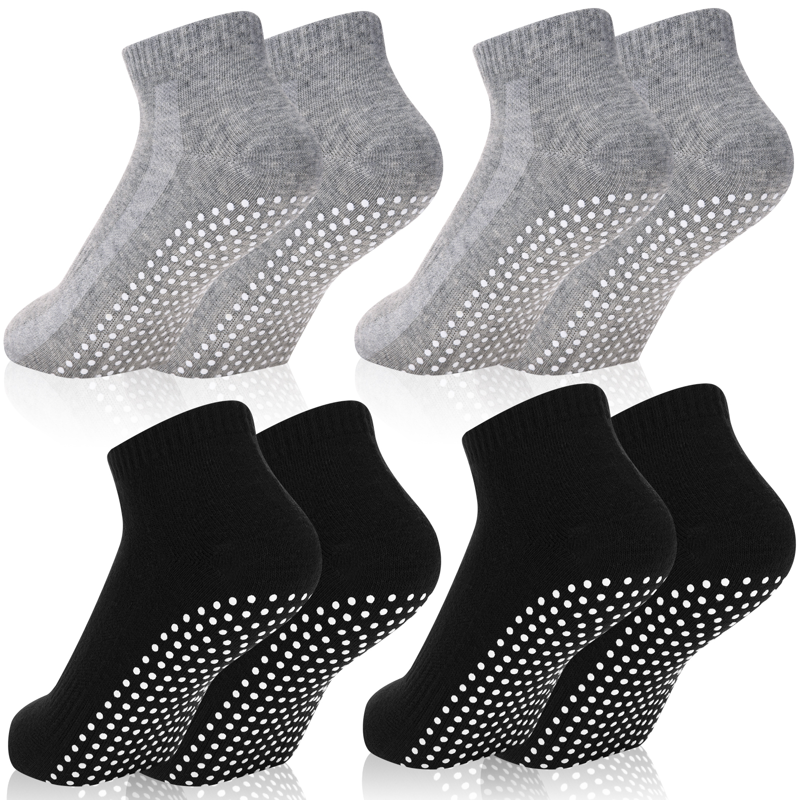 Sixwipe 4 Pairs Non Slip Socks with Grip, Anti Slip Socks with Cushion,Full Toe Ankle Fall Prevention Socks with Grip（black，light grey)