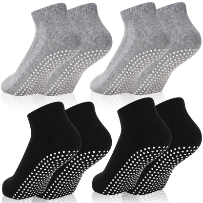 Sixwipe 4 Pairs Non Slip Socks with Grip, Anti Slip Socks with Cushion,Full Toe Ankle Fall Prevention Socks with Grip（black，light grey)