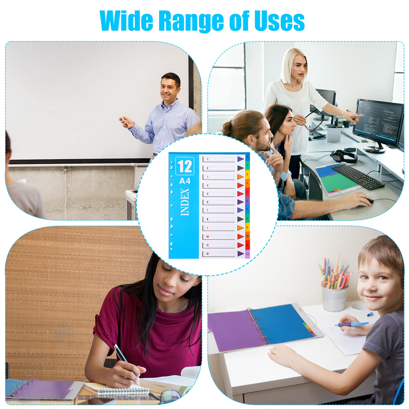 sixwipe 5 Sets 12 Tabs Binder Dividers for 3 Ring Binders, Total 60 Tabs File Notebook Dividers with 11 Pre-punched Holes, Plastic 60 Tabs Dividers for School Supplies and Office Workers