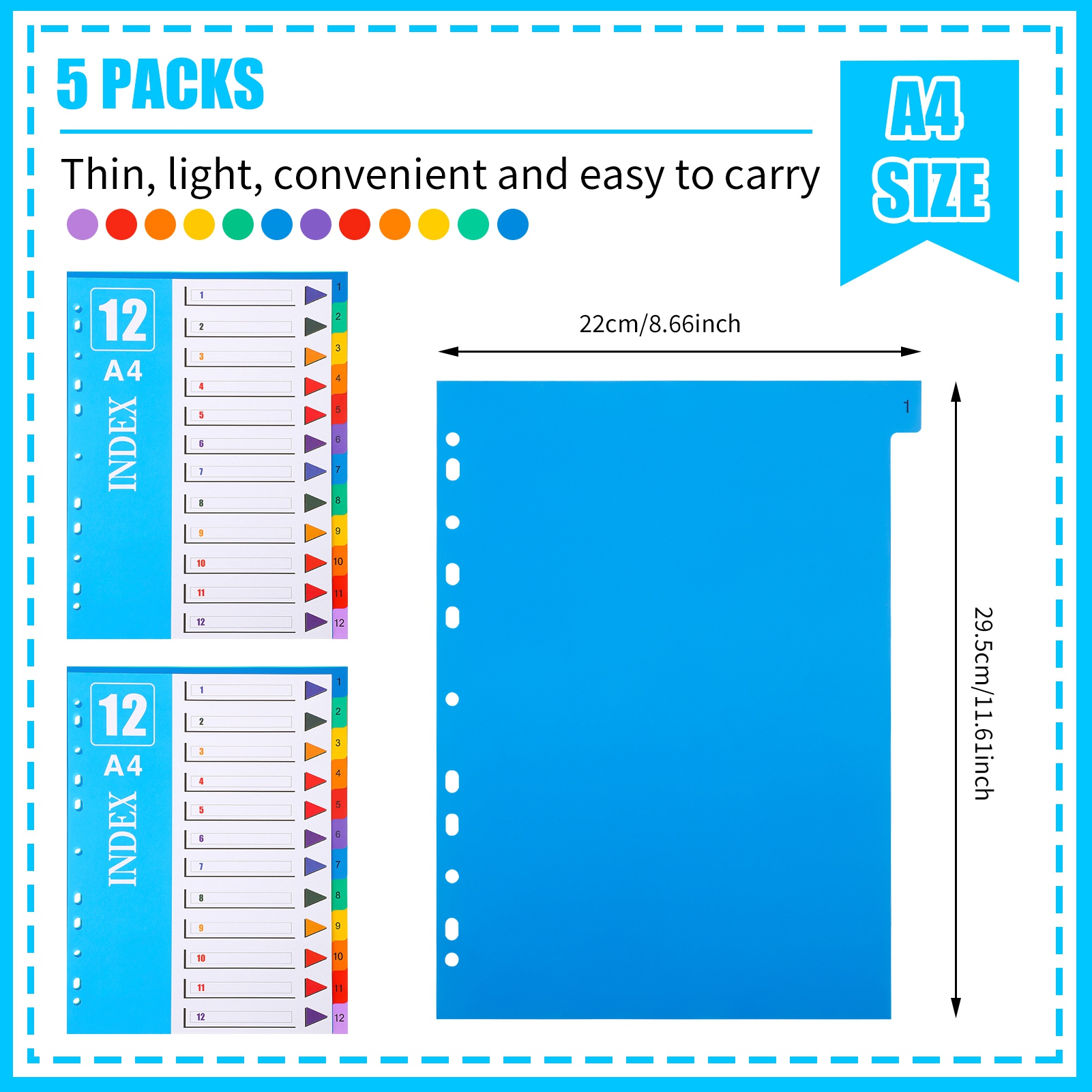 sixwipe 5 Sets 12 Tabs Binder Dividers for 3 Ring Binders, Total 60 Tabs File Notebook Dividers with 11 Pre-punched Holes, Plastic 60 Tabs Dividers for School Supplies and Office Workers