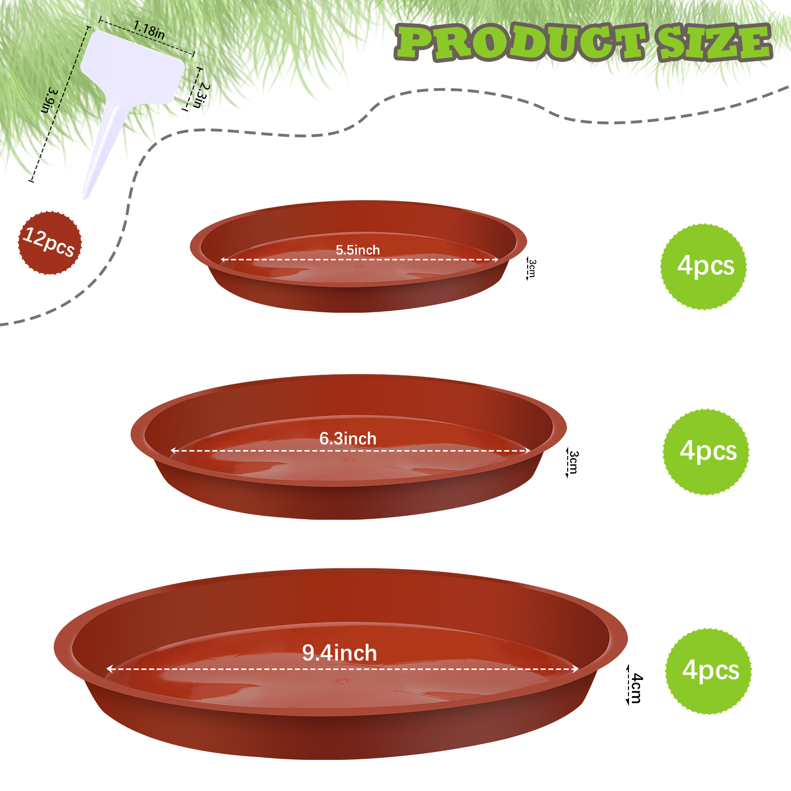 Bocaoying 12 Pcs Plastic Plant Saucer Tray, 5.5 / 6.3 / 9.5 Inch Plant Drip Pans Tray To Catch Water with 12 Pcs Labels, Heavy Duty Plant Pot Trays for Indoors Outdoors