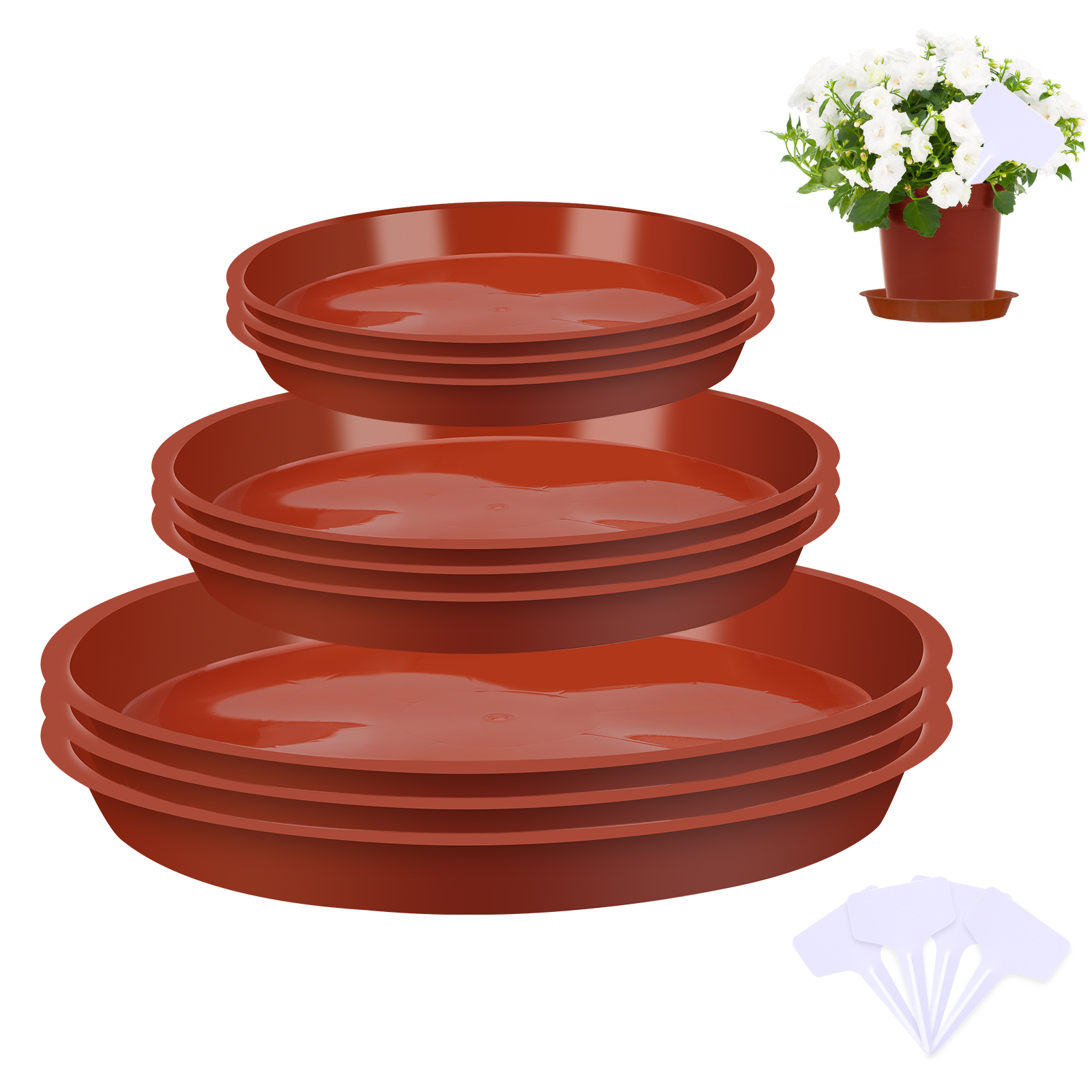 Bocaoying 12 Pcs Plastic Plant Saucer Tray, 5.5 / 6.3 / 9.5 Inch Plant Drip Pans Tray To Catch Water with 12 Pcs Labels, Heavy Duty Plant Pot Trays for Indoors Outdoors