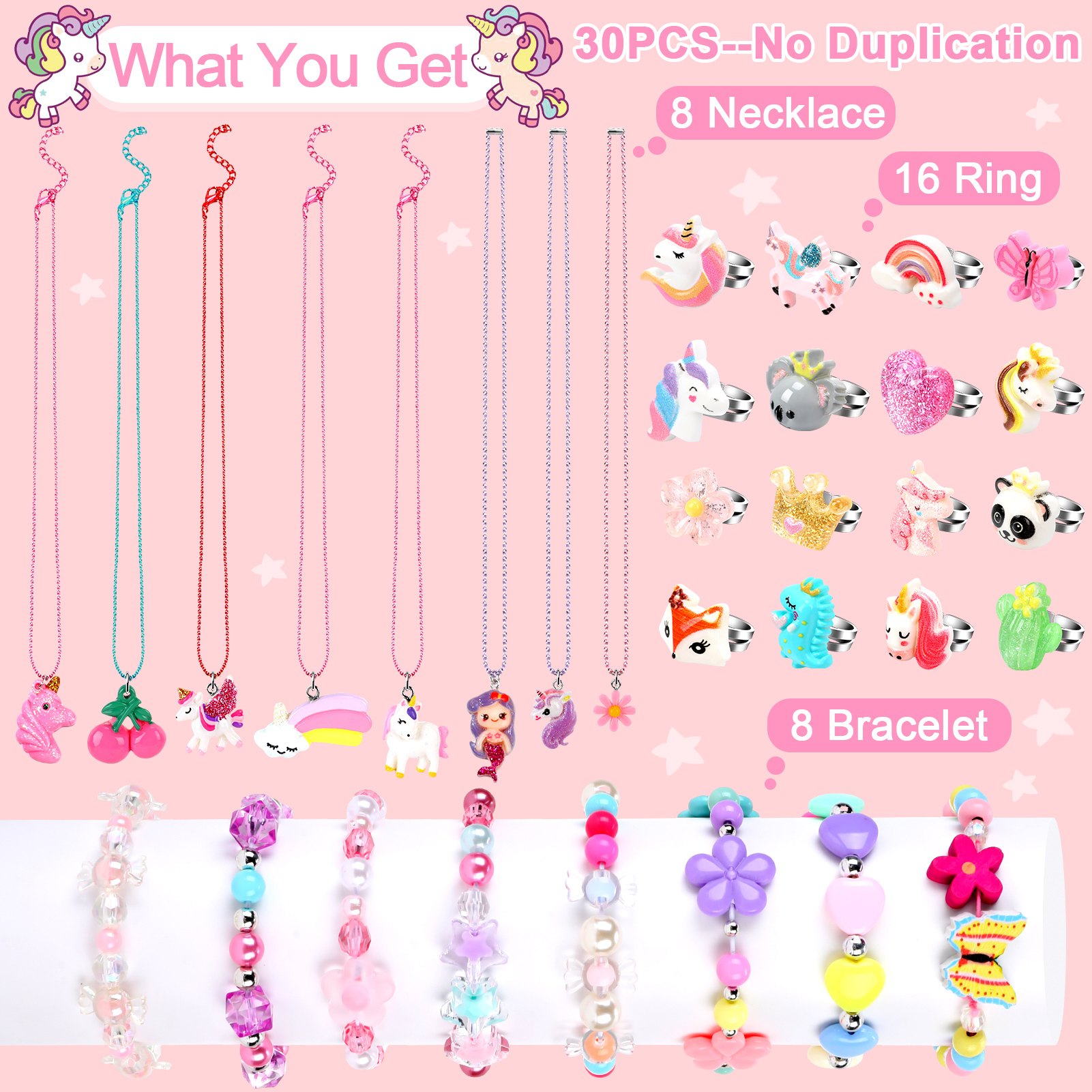 sixwipe 32 Pcs Little Girl Jewelry Set, Kids Jewelry for Toddler Girl Toys 3-8, Girls’ Play Rings Necklaces Bracelets, Princess Jewelry Toy for Toddler Girls Gifts Age 3 4 5 6 7 8