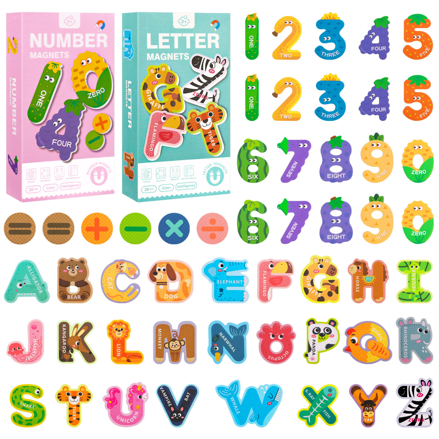 sixwipe 52 Pcs Magnetic Letters and Numbers, Colorful ABC Animal Alphabet Fridge Magnets, Educational Spelling Learning Game Toys for Kids, Toddlers 3+ Years Old