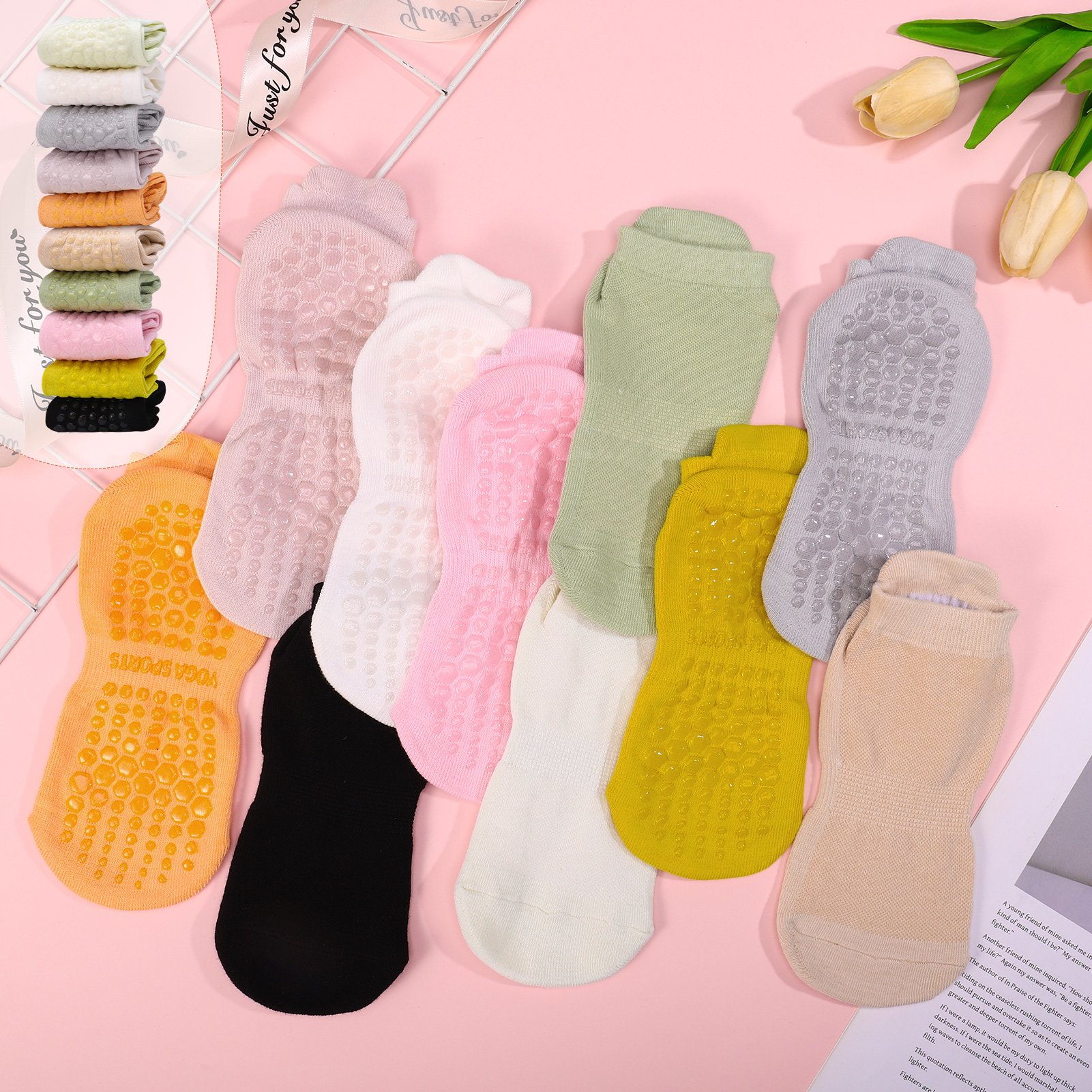 Bocaoying 10 Pairs Non-Slip Pilates Socks for Women, Cushioned Yoga Athletic Ankle Socks for Ballet & Barefoot Workout