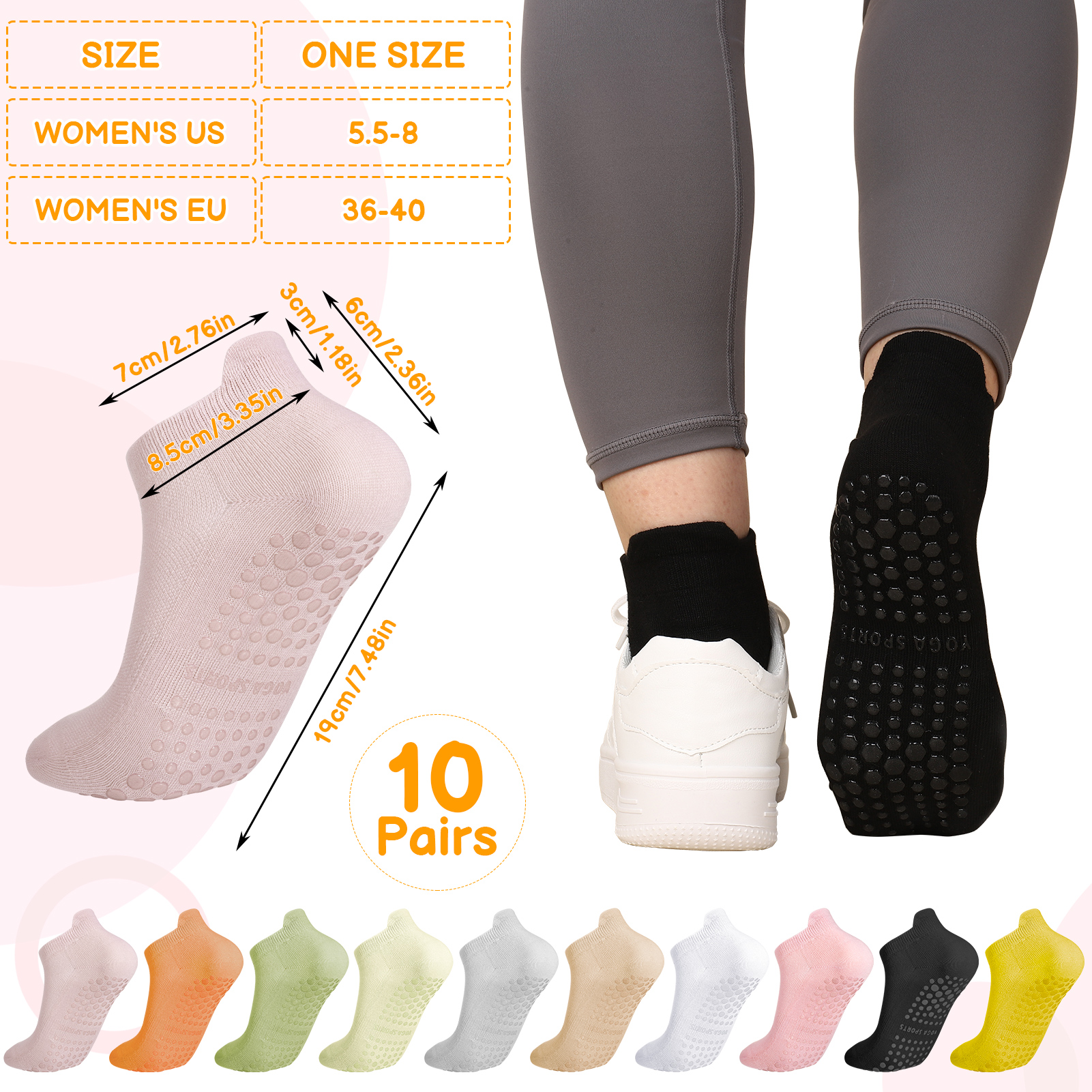 Bocaoying 10 Pairs Non-Slip Pilates Socks for Women, Cushioned Yoga Athletic Ankle Socks for Ballet & Barefoot Workout