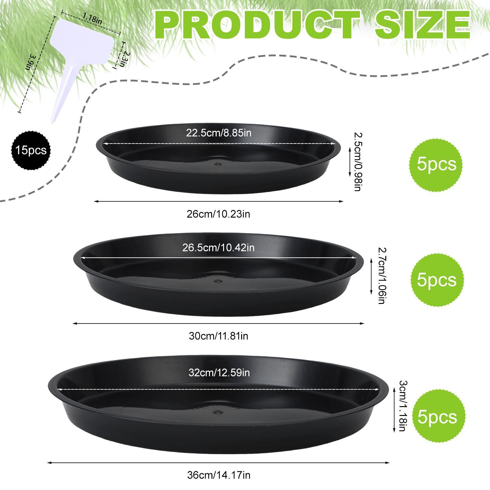 topjuju 15 Pcs Large Plant Saucers, 10/12/14 inches Plastic Plant Trays to Catch Water, Extra Large Plant Saucer with Labels, Heavy Duty Plant Drip Trays for Plant Pots Indoors Outdoors