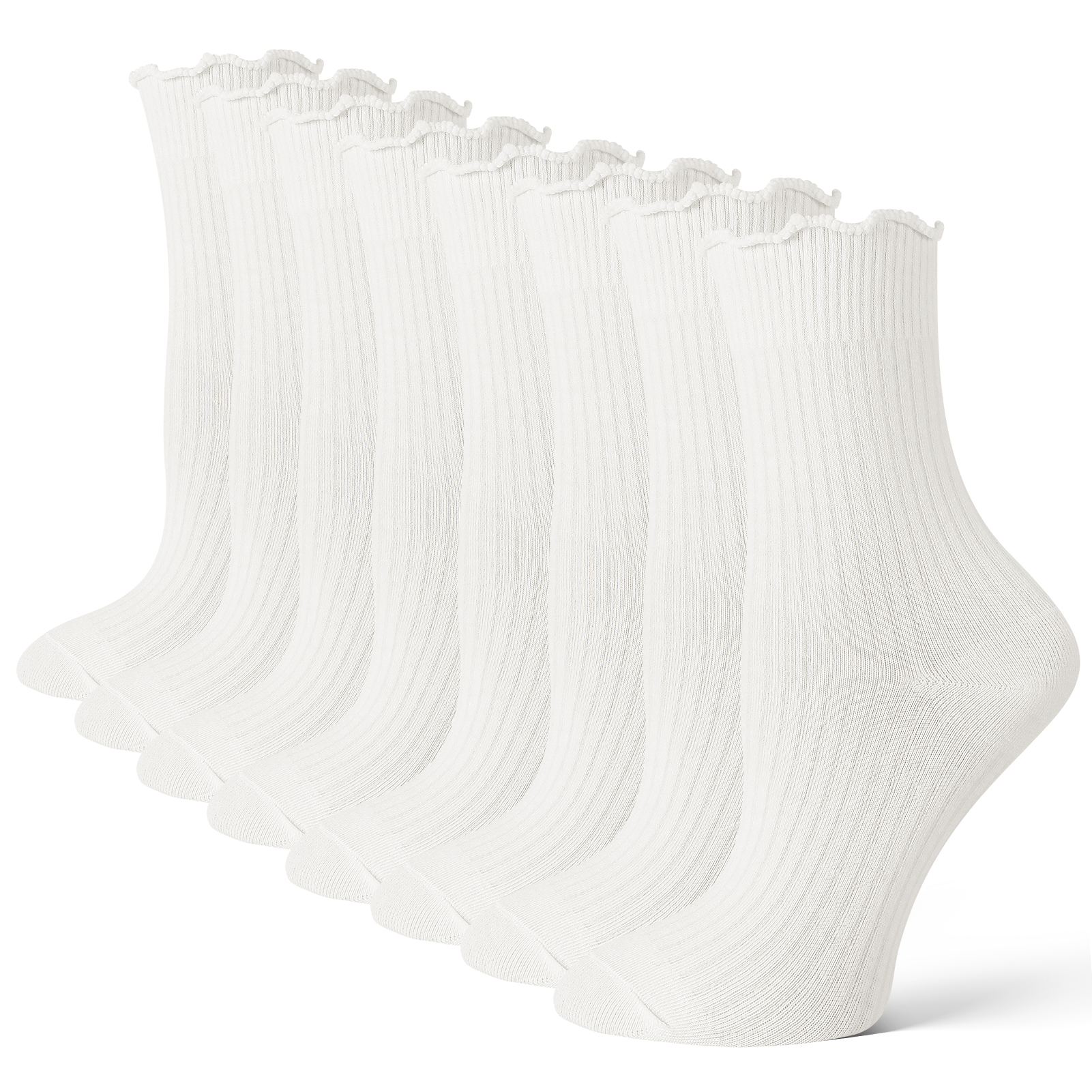 Bocaoying 8 Pairs Womens Ruffle Socks,Cute Turn-Cuff Casual Ankle Dress Socks,White Crew Frilly Sock Size 5.5-8
