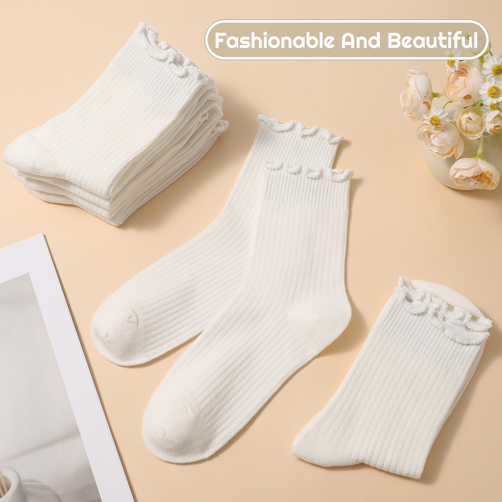 Bocaoying 8 Pairs Womens Ruffle Socks,Cute Turn-Cuff Casual Ankle Dress Socks,White Crew Frilly Sock Size 5.5-8