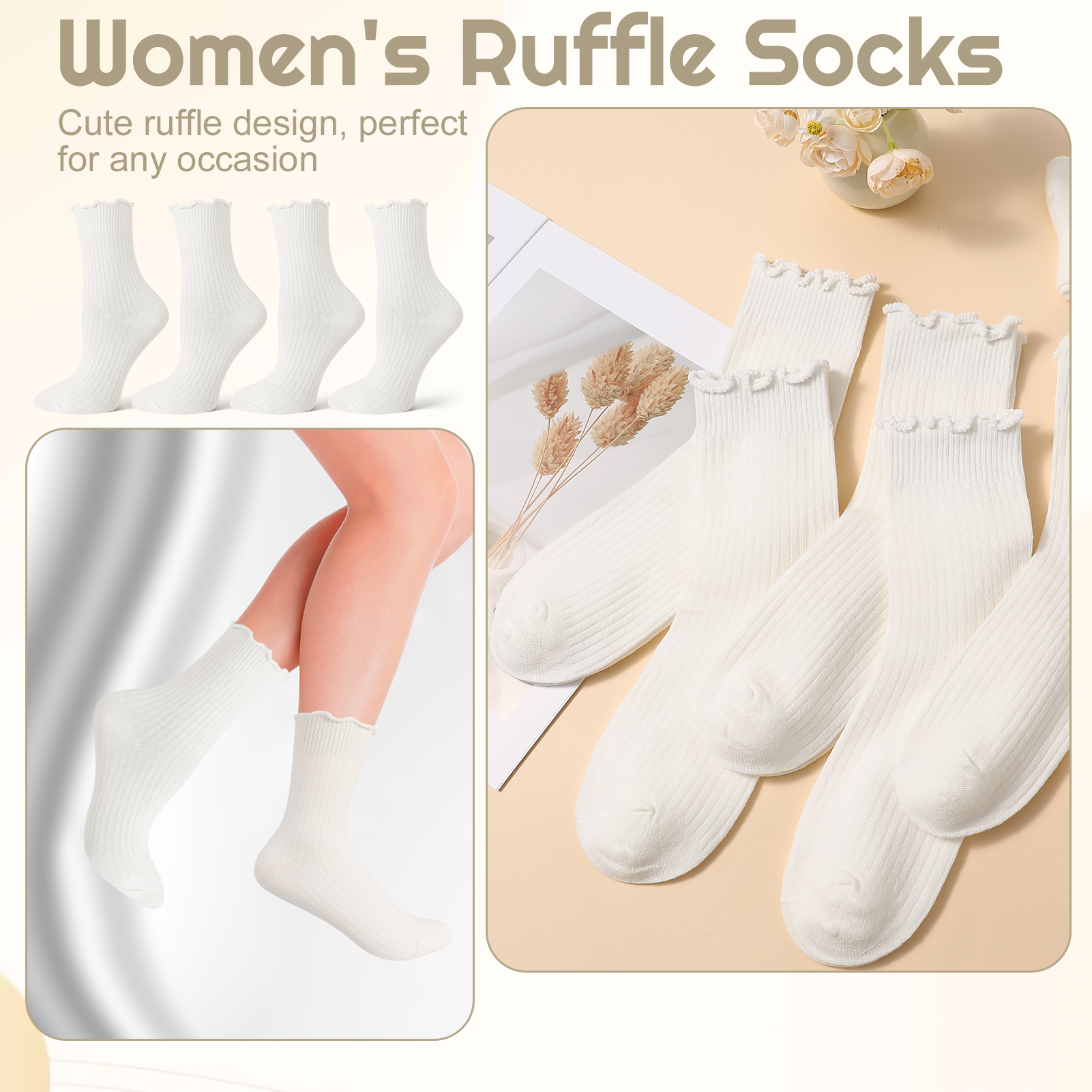 Bocaoying 8 Pairs Womens Ruffle Socks,Cute Turn-Cuff Casual Ankle Dress Socks,White Crew Frilly Sock Size 5.5-8