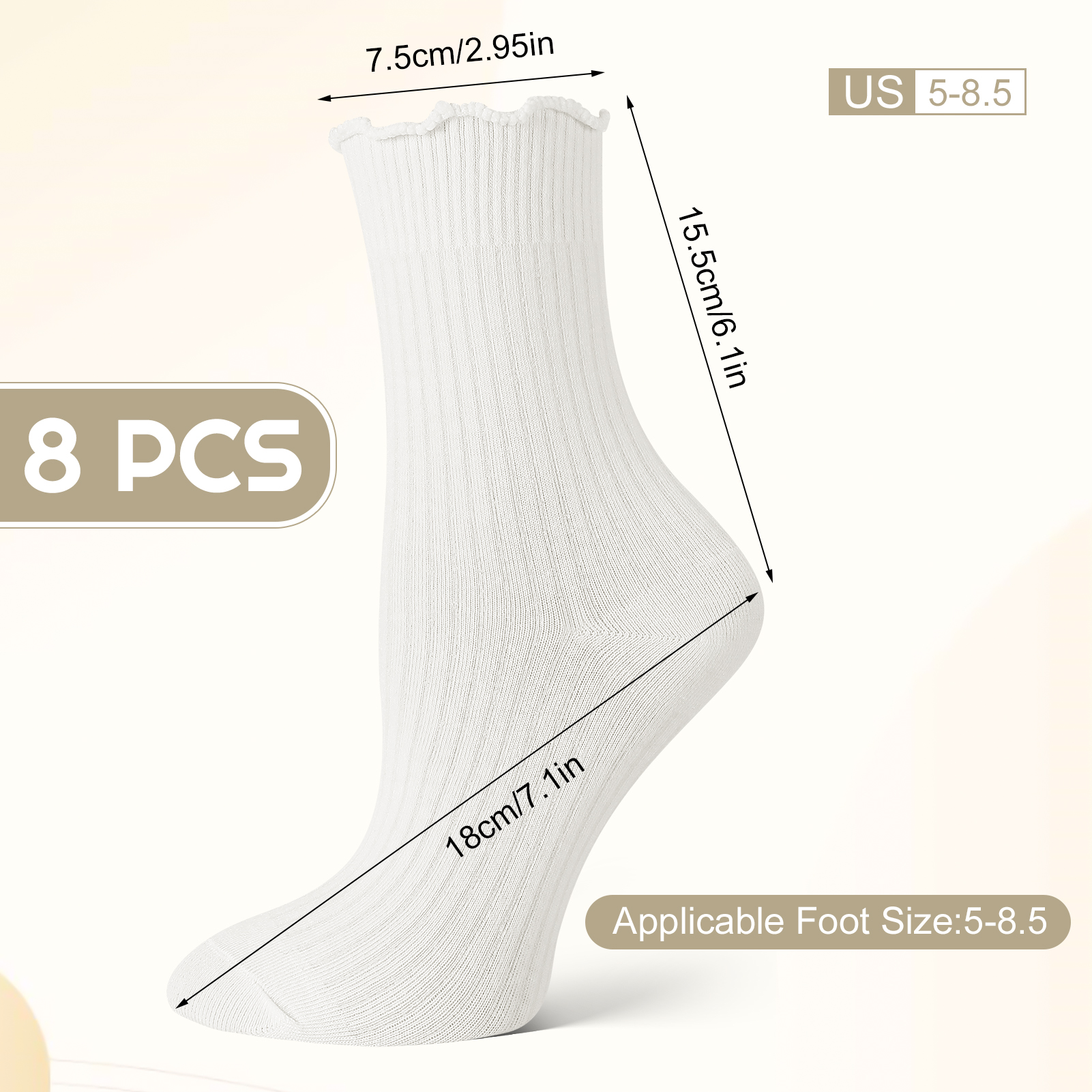 Bocaoying 8 Pairs Womens Ruffle Socks,Cute Turn-Cuff Casual Ankle Dress Socks,White Crew Frilly Sock Size 5.5-8