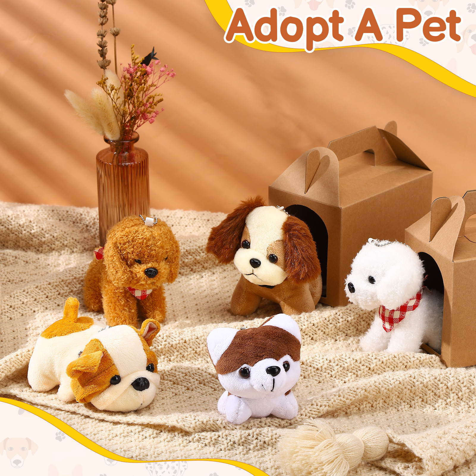 sixwipe Mini Stuffed Animals Bulk - 36 Pcs Adopt A Puppy Party Favors Kit with Small Plush Dogs, Hats, Boxes & Fence for Kids Party Supplies