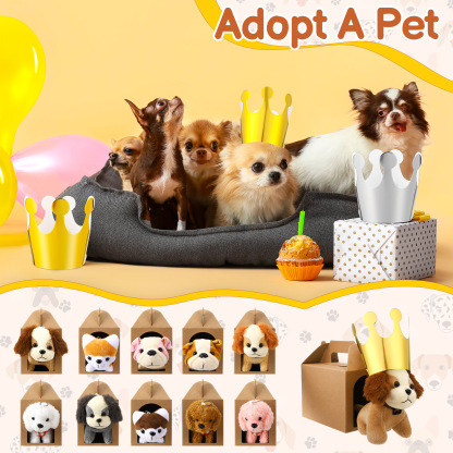 sixwipe Mini Stuffed Animals Bulk - 36 Pcs Adopt A Puppy Party Favors Kit with Small Plush Dogs, Hats, Boxes & Fence for Kids Party Supplies