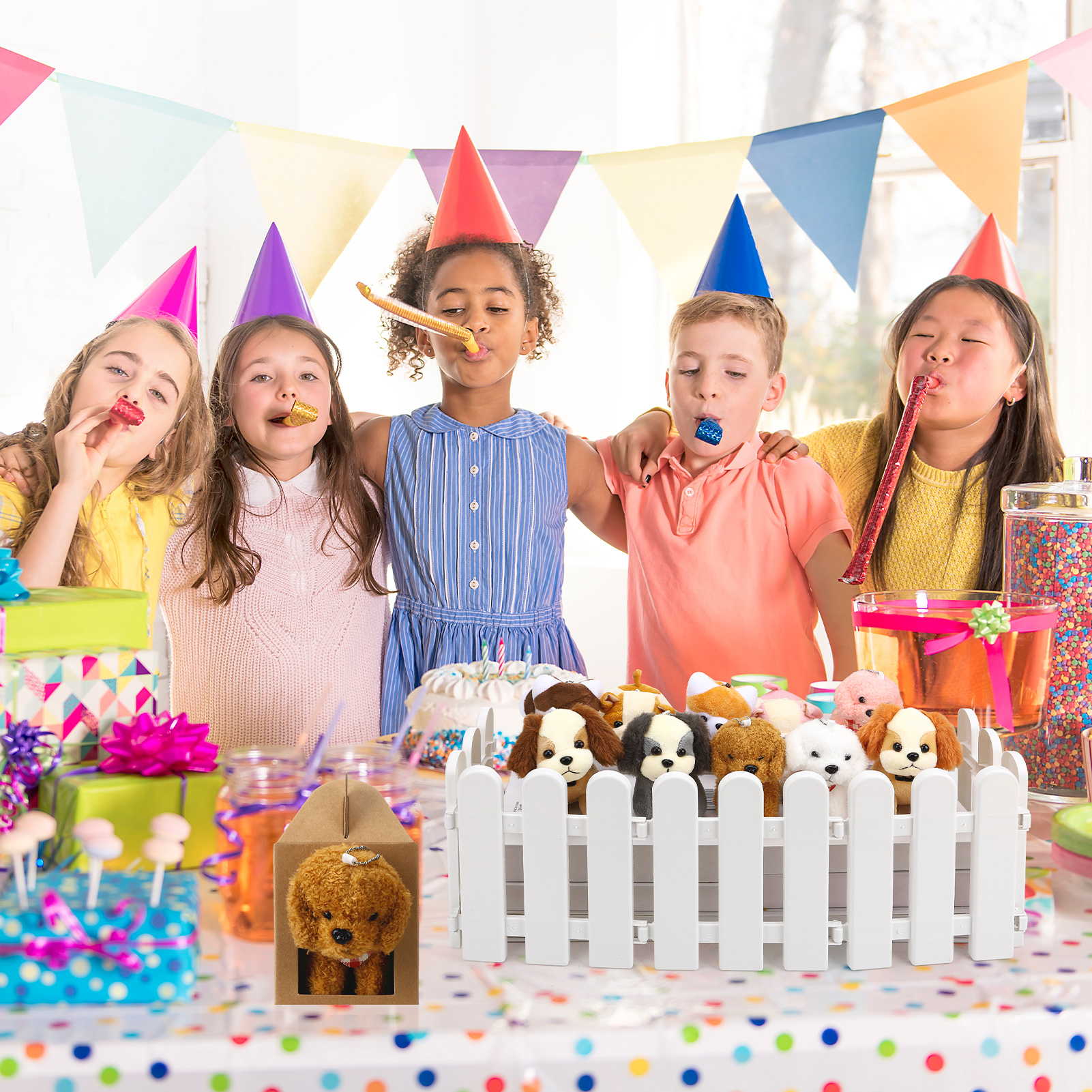 sixwipe Mini Stuffed Animals Bulk - 36 Pcs Adopt A Puppy Party Favors Kit with Small Plush Dogs, Hats, Boxes & Fence for Kids Party Supplies
