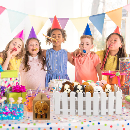sixwipe Mini Stuffed Animals Bulk - 36 Pcs Adopt A Puppy Party Favors Kit with Small Plush Dogs, Hats, Boxes & Fence for Kids Party Supplies