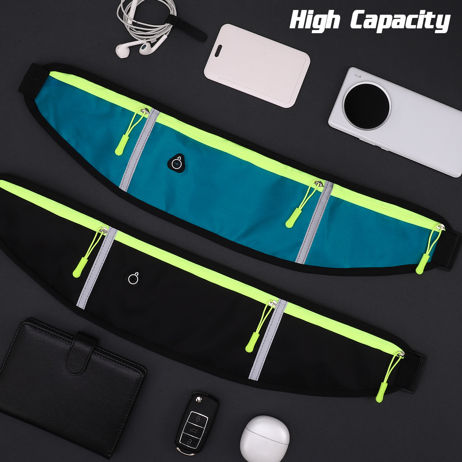Hengguang 2 Pack Running Belts for Men Women, Slim Sports Waist Belt Bag with 3 Separate Pockets, Running Phone Holder Pouch with Reflective Strips, Waterproof Money Fanny Pack for Cycling Hiking