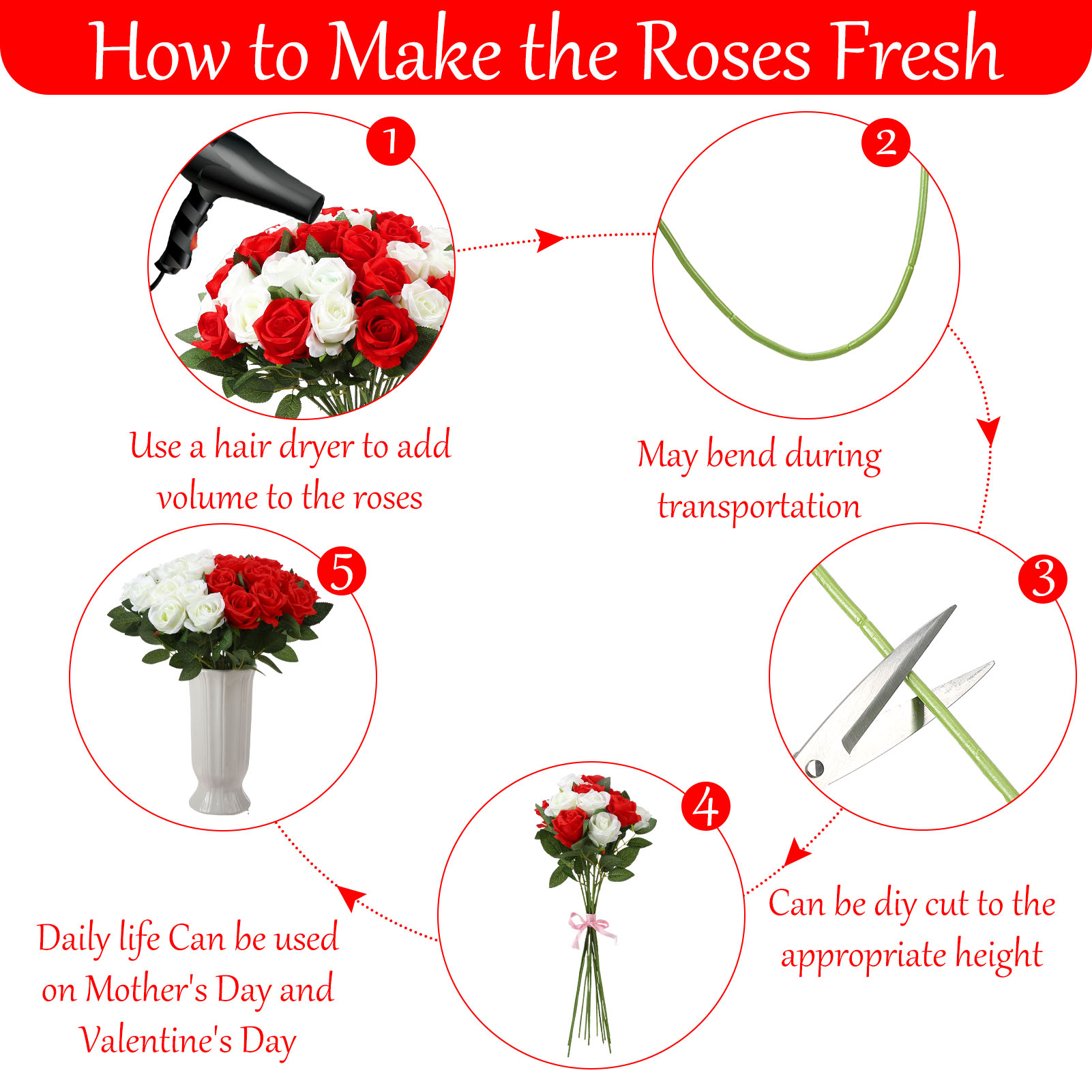 Armscye 80 Pcs 20.5" Artificial Silk Roses Bulk - Velvet Fake Flowers for Wedding Bouquet, Bridal Centerpiece, Mother's Day, DIY Home Decor (Red+White)
