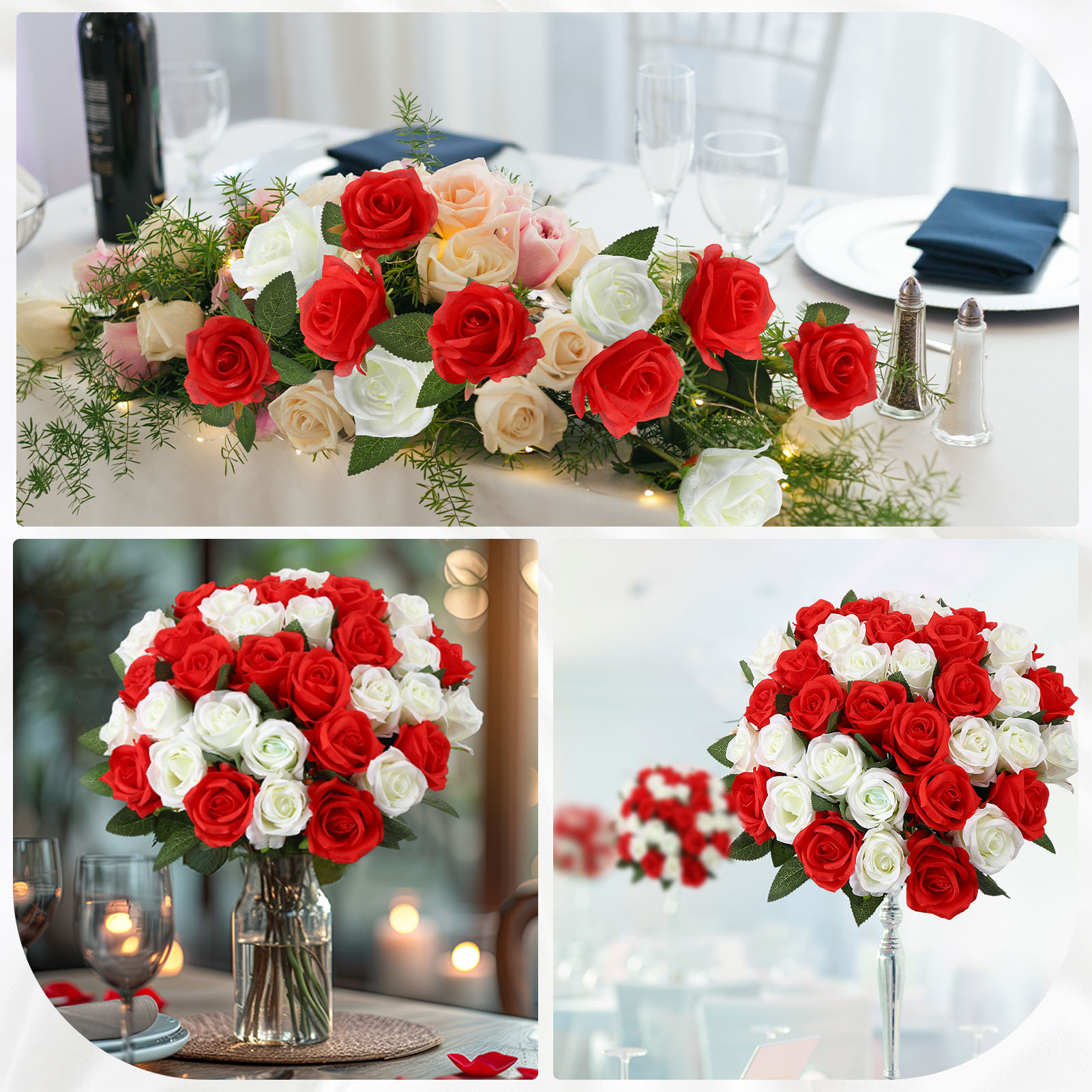 Armscye 80 Pcs 20.5" Artificial Silk Roses Bulk - Velvet Fake Flowers for Wedding Bouquet, Bridal Centerpiece, Mother's Day, DIY Home Decor (Red+White)