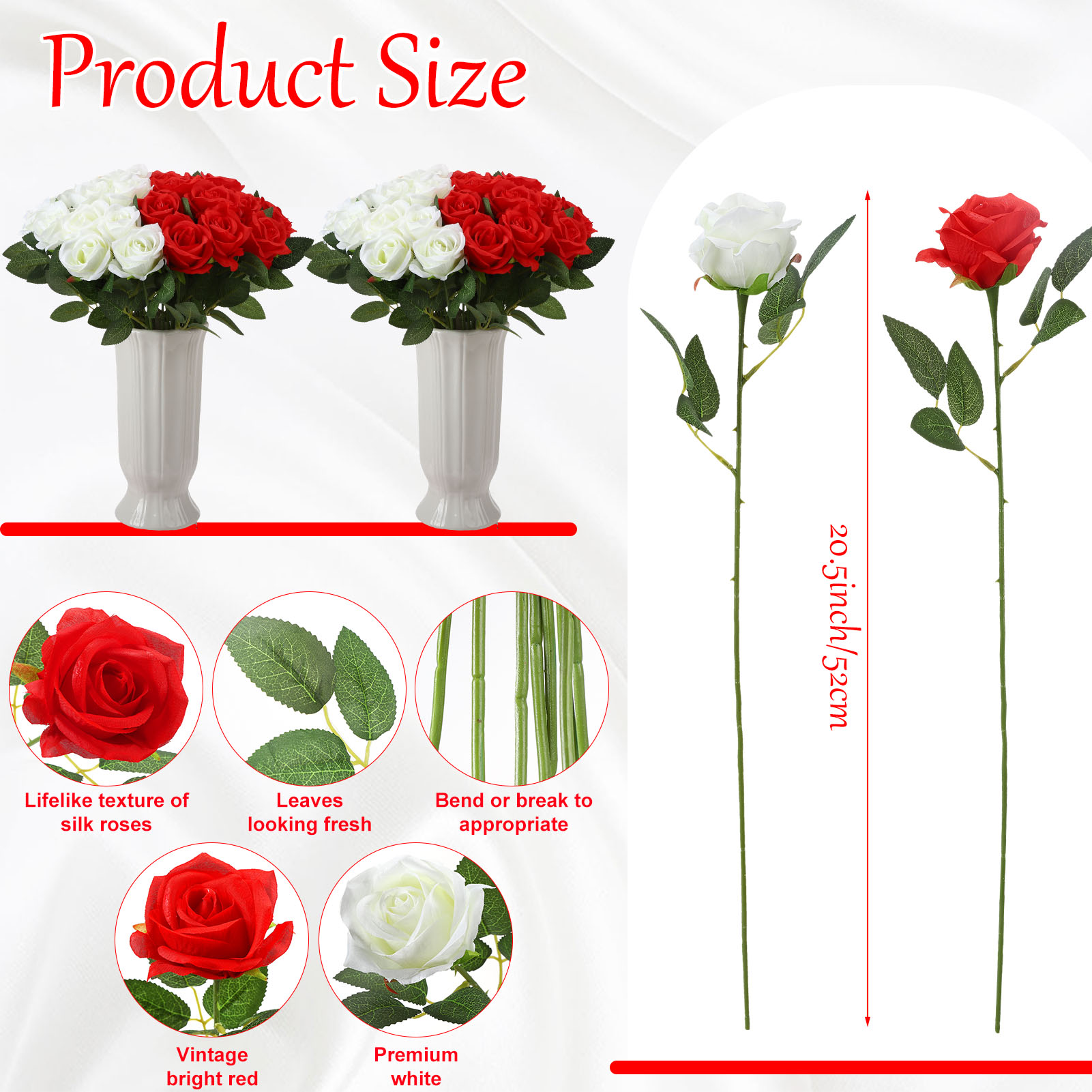 Armscye 80 Pcs 20.5" Artificial Silk Roses Bulk - Velvet Fake Flowers for Wedding Bouquet, Bridal Centerpiece, Mother's Day, DIY Home Decor (Red+White)