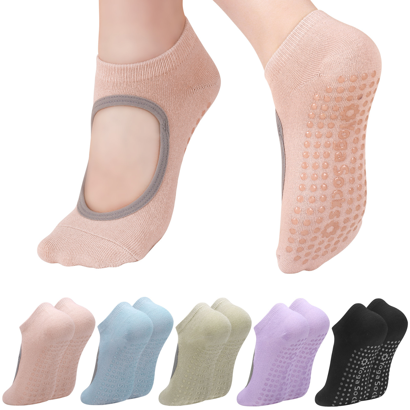 Bocaoying Women's Non-Slip Grip Pilates Yoga Socks, Open Top, 5 Pairs for Barre, Ballet, Barefoot Workout