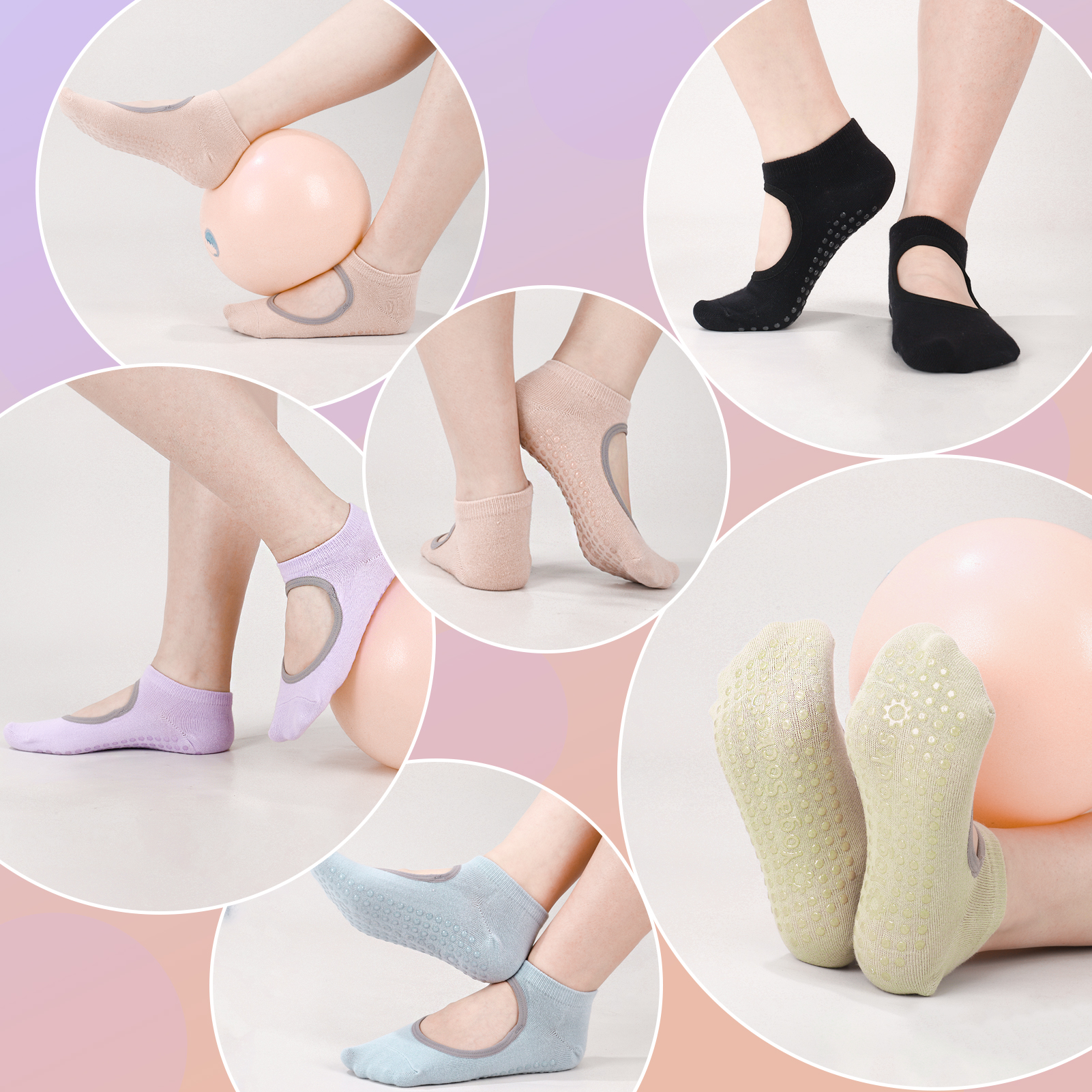 Bocaoying Women's Non-Slip Grip Pilates Yoga Socks, Open Top, 5 Pairs for Barre, Ballet, Barefoot Workout