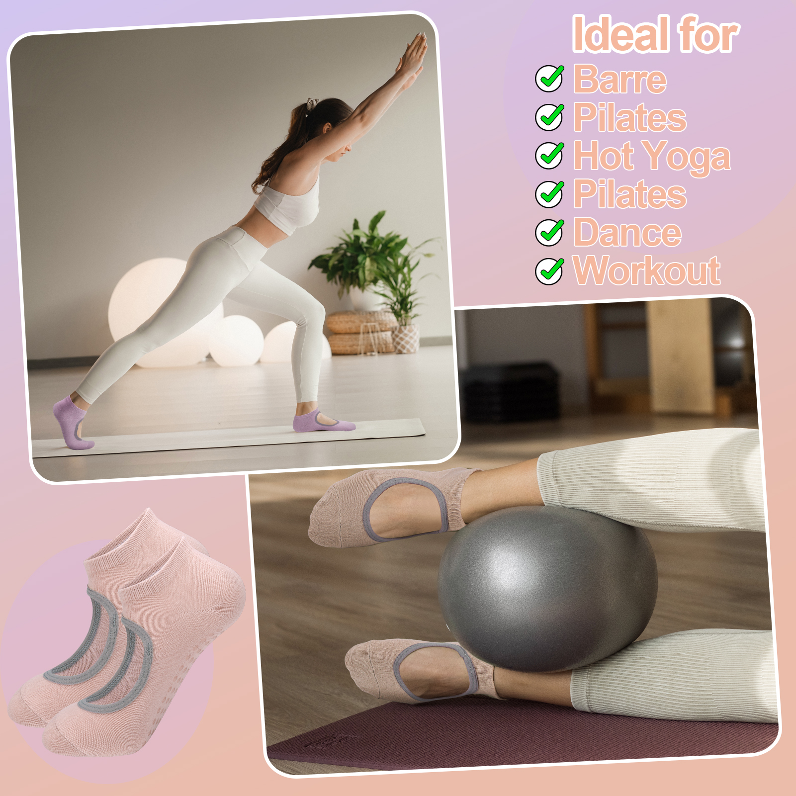 Bocaoying Women's Non-Slip Grip Pilates Yoga Socks, Open Top, 5 Pairs for Barre, Ballet, Barefoot Workout