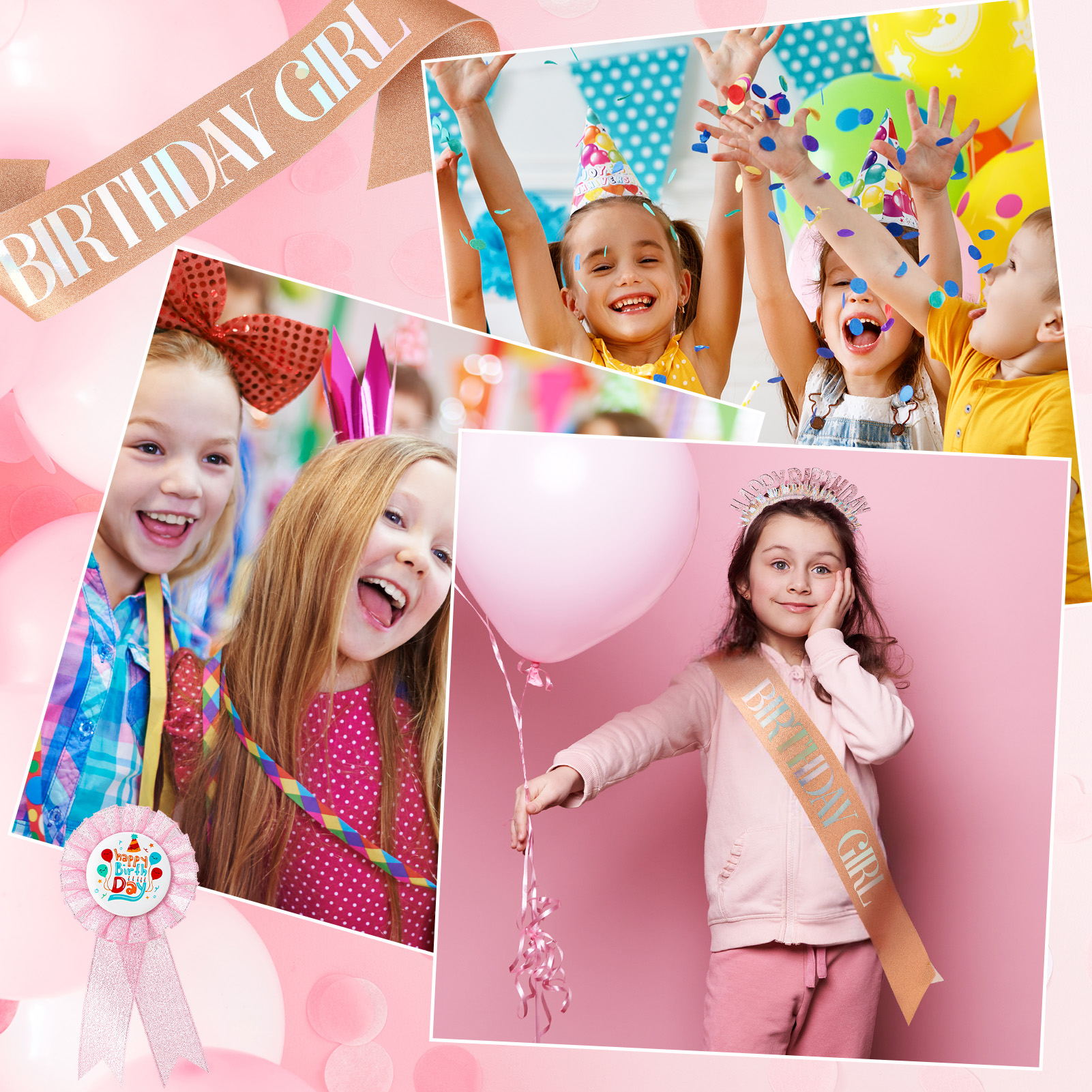 sixwipe Birthday Sash for Girls, Birthday Headband and Badge Pin Set, Glitter Birthday Crown Set for Girls' Birthday Party Decorations