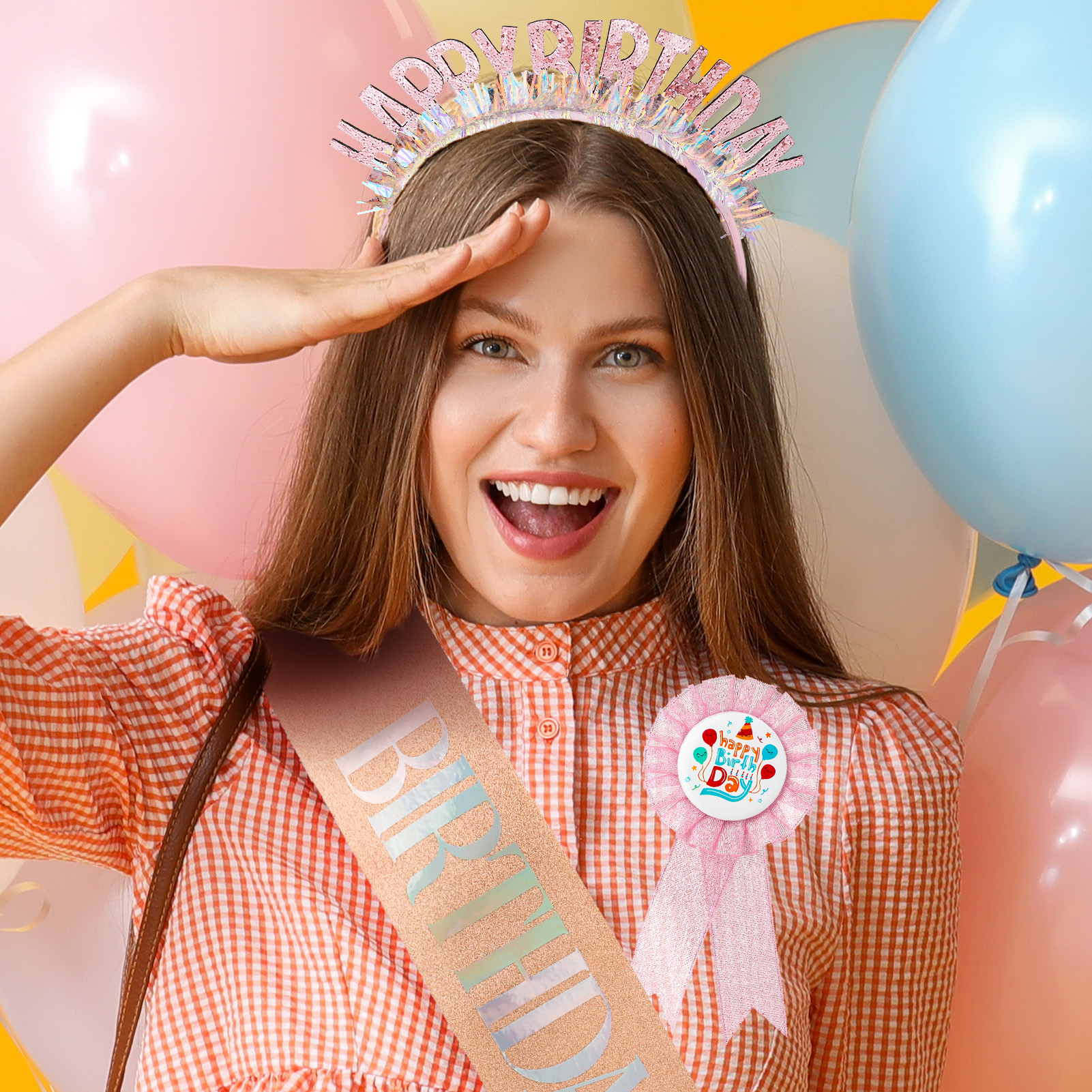 sixwipe Birthday Sash for Girls, Birthday Headband and Badge Pin Set, Glitter Birthday Crown Set for Girls' Birthday Party Decorations