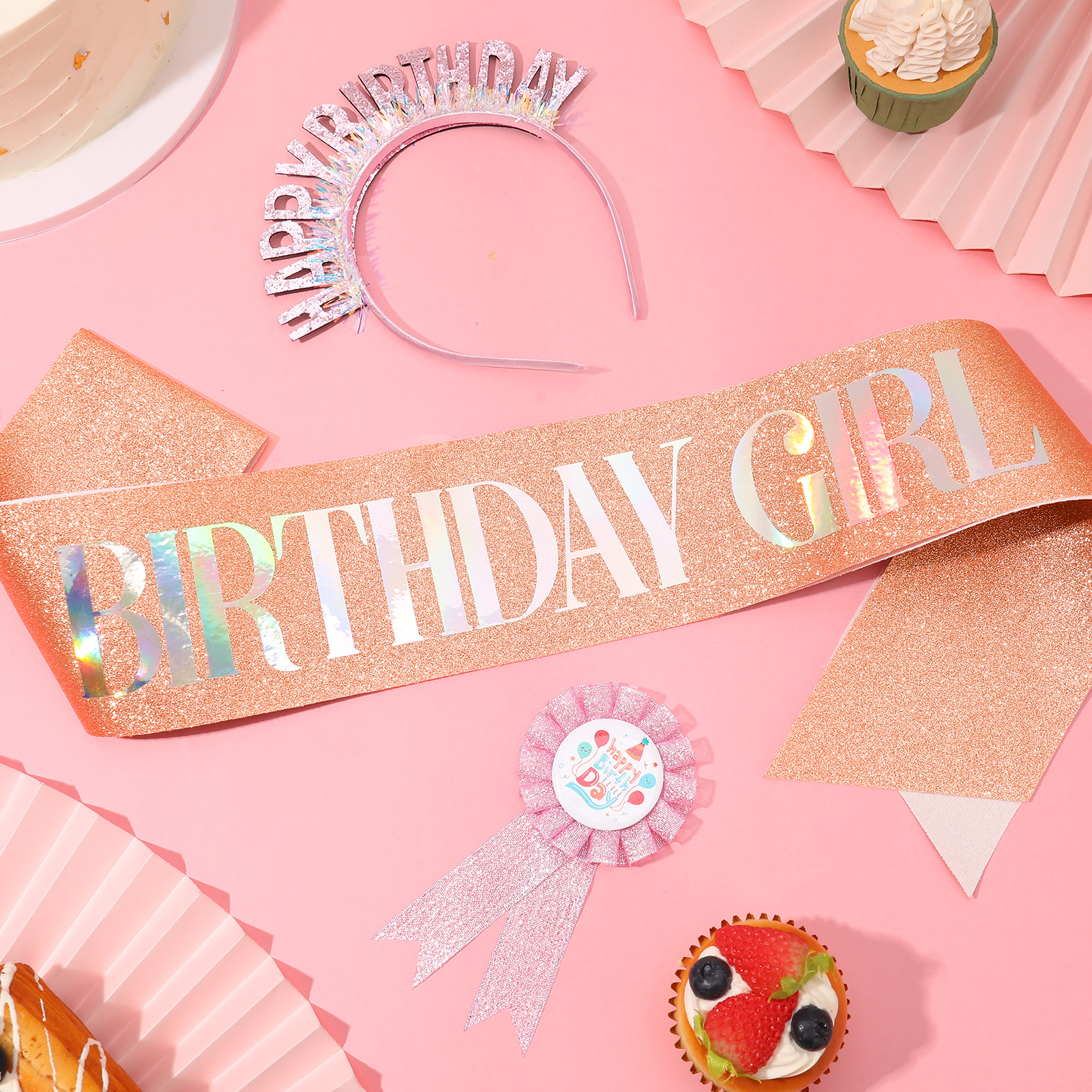 sixwipe Birthday Sash for Girls, Birthday Headband and Badge Pin Set, Glitter Birthday Crown Set for Girls' Birthday Party Decorations
