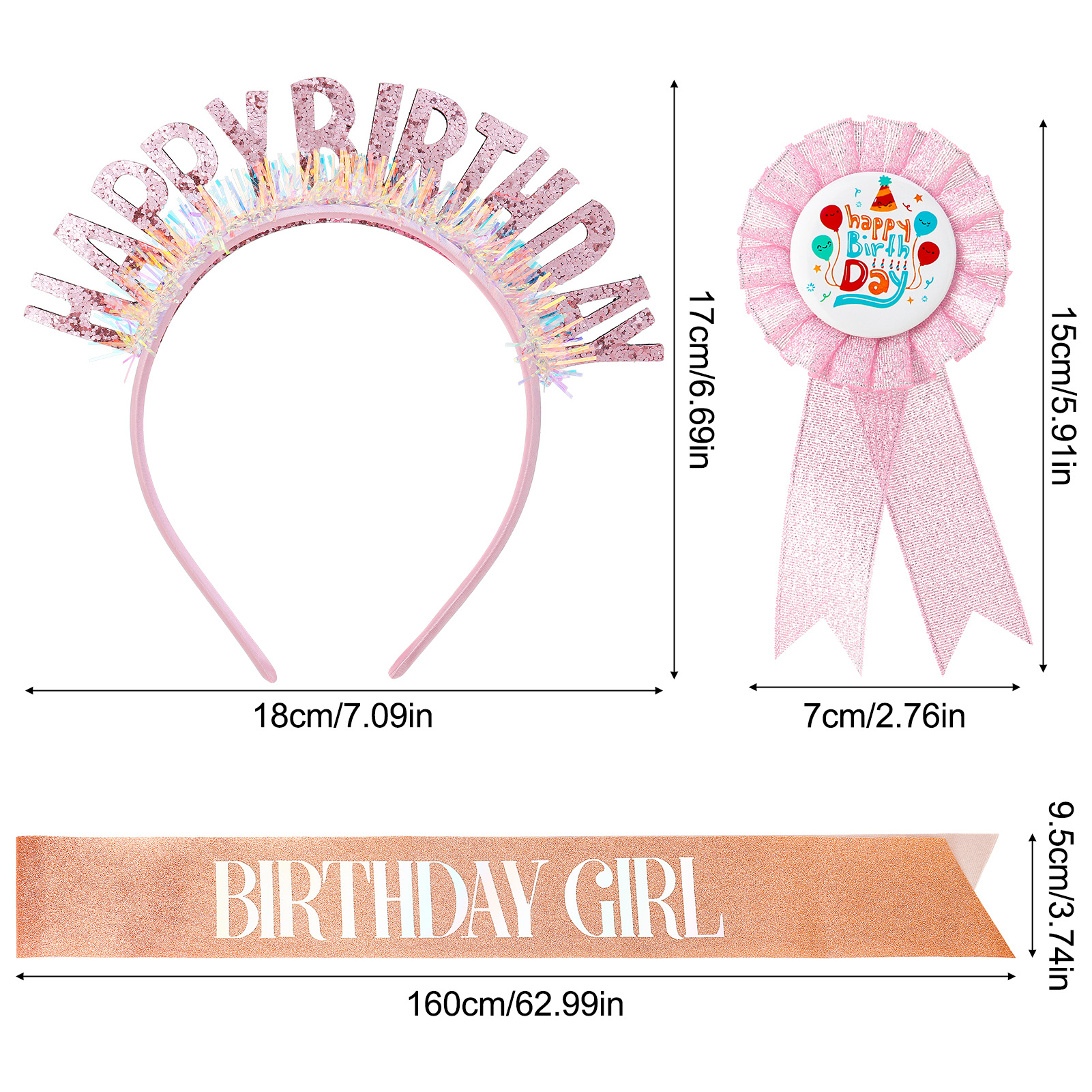 sixwipe Birthday Sash for Girls, Birthday Headband and Badge Pin Set, Glitter Birthday Crown Set for Girls' Birthday Party Decorations