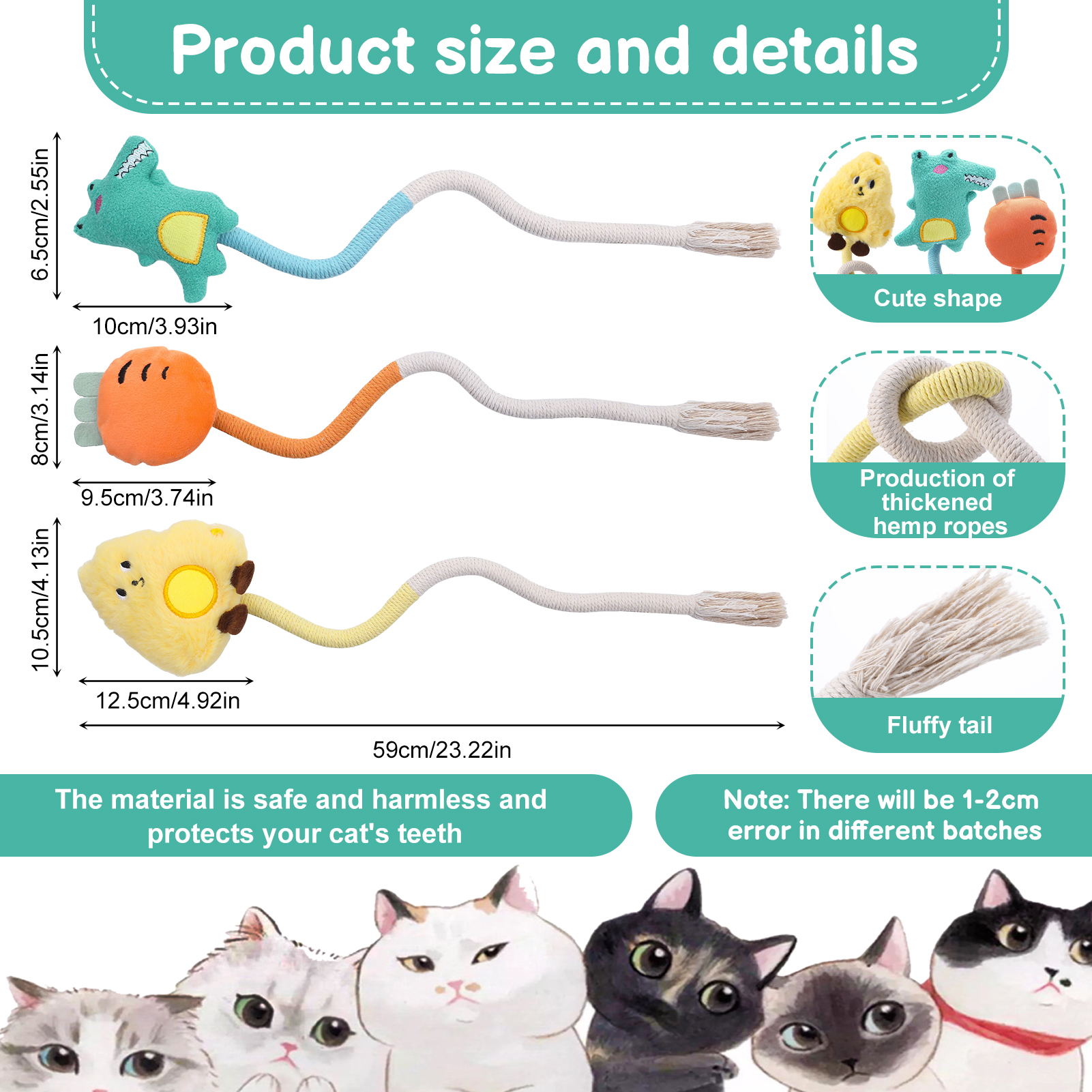 shuaien 3 Pcs Cat Toys Chew Ropes, Safe Cute Catnip Toys for Indoor Cats, Interactive Cat Chew Rope for Indoor Kittens Teething Pets Playing Chewing Teeth Cleaning 18.5 Inches