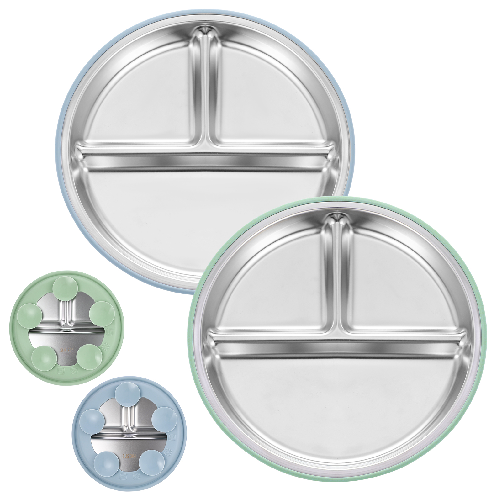 AOWOO 2-Pack Stainless Steel Baby Plates with Suction, 8.26” Divided Toddler Plate, BPA-Free Stainless Steel Kids Plates for Dishwasher Safe, Non-Slip Silicone Base, Detachable Design (Blue, Green)