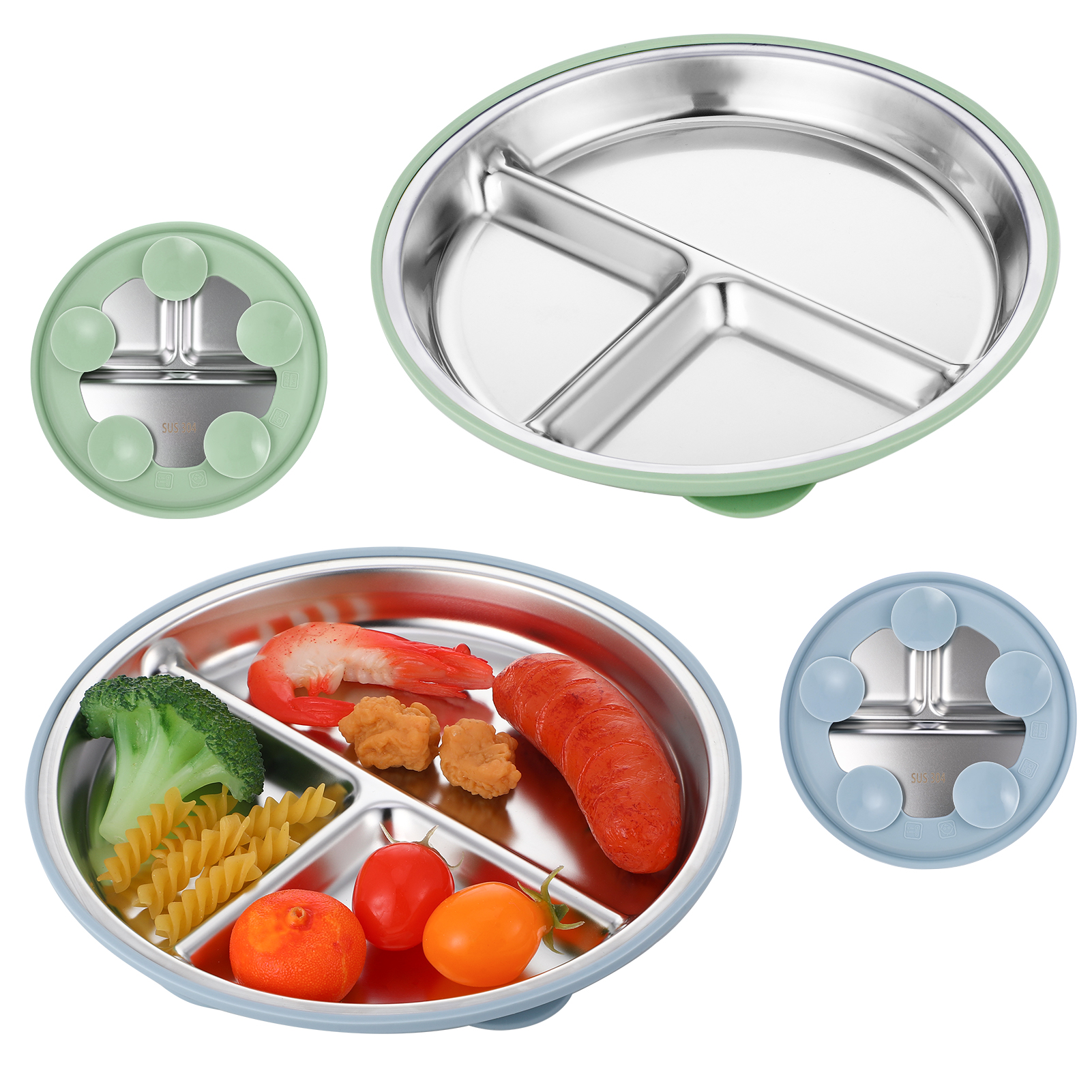 AOWOO 2-Pack Stainless Steel Baby Plates with Suction, 8.26” Divided Toddler Plate, BPA-Free Stainless Steel Kids Plates for Dishwasher Safe, Non-Slip Silicone Base, Detachable Design (Blue, Green)