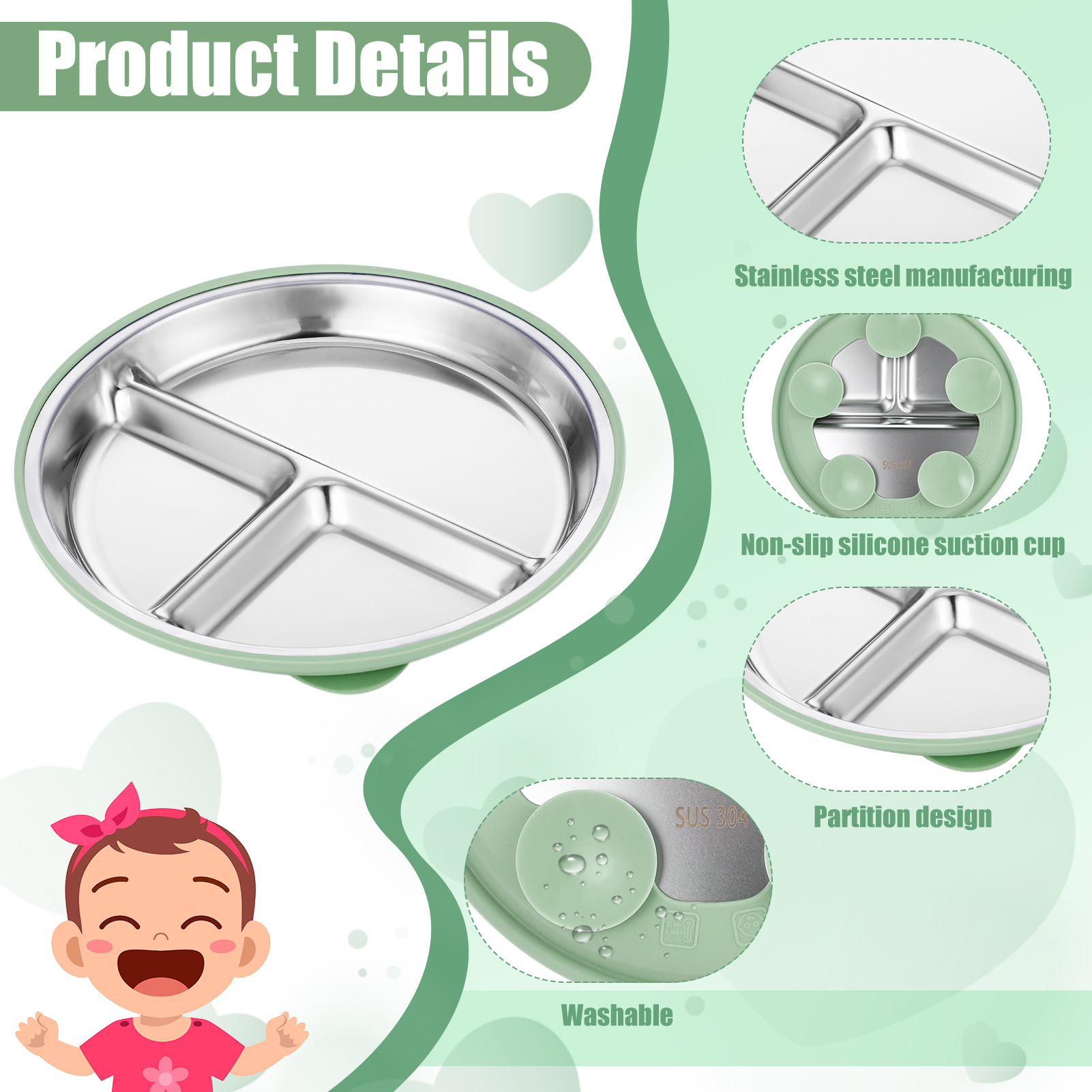 AOWOO 2-Pack Stainless Steel Baby Plates with Suction, 8.26” Divided Toddler Plate, BPA-Free Stainless Steel Kids Plates for Dishwasher Safe, Non-Slip Silicone Base, Detachable Design (Blue, Green)