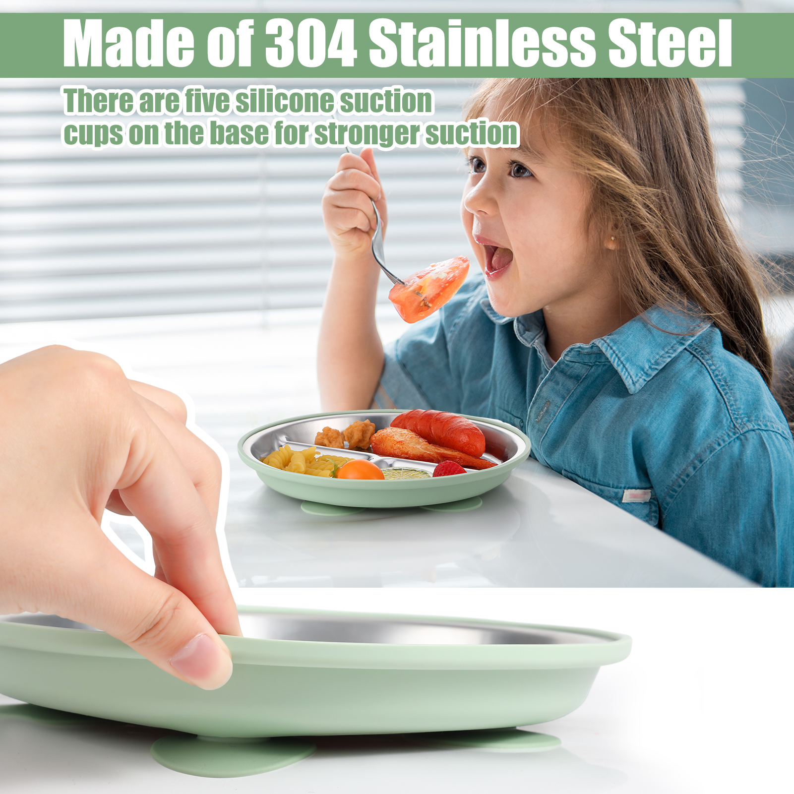 AOWOO 2-Pack Stainless Steel Baby Plates with Suction, 8.26” Divided Toddler Plate, BPA-Free Stainless Steel Kids Plates for Dishwasher Safe, Non-Slip Silicone Base, Detachable Design (Blue, Green)