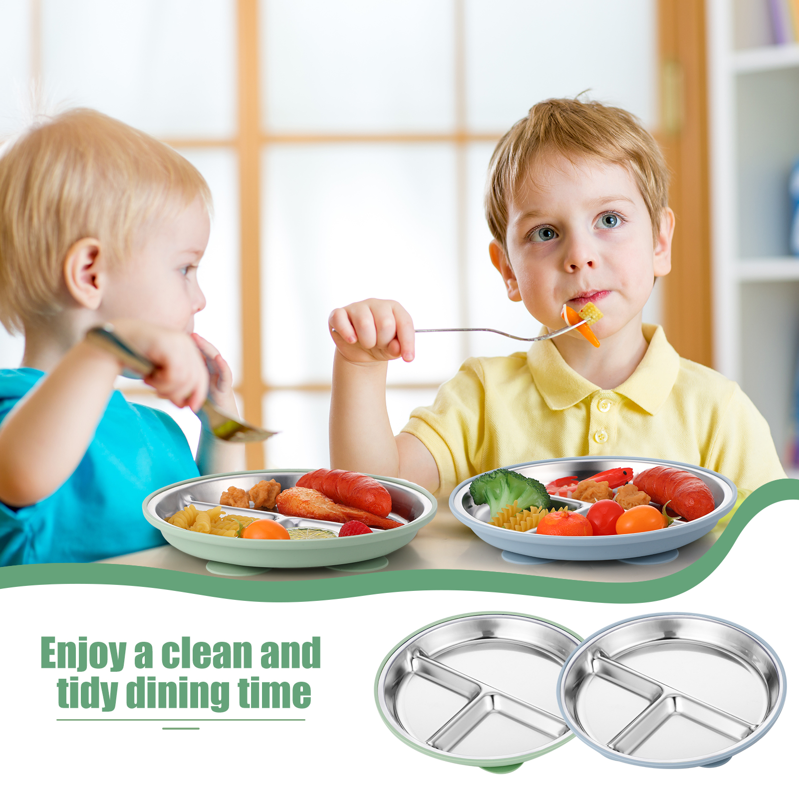AOWOO 2-Pack Stainless Steel Baby Plates with Suction, 8.26” Divided Toddler Plate, BPA-Free Stainless Steel Kids Plates for Dishwasher Safe, Non-Slip Silicone Base, Detachable Design (Blue, Green)