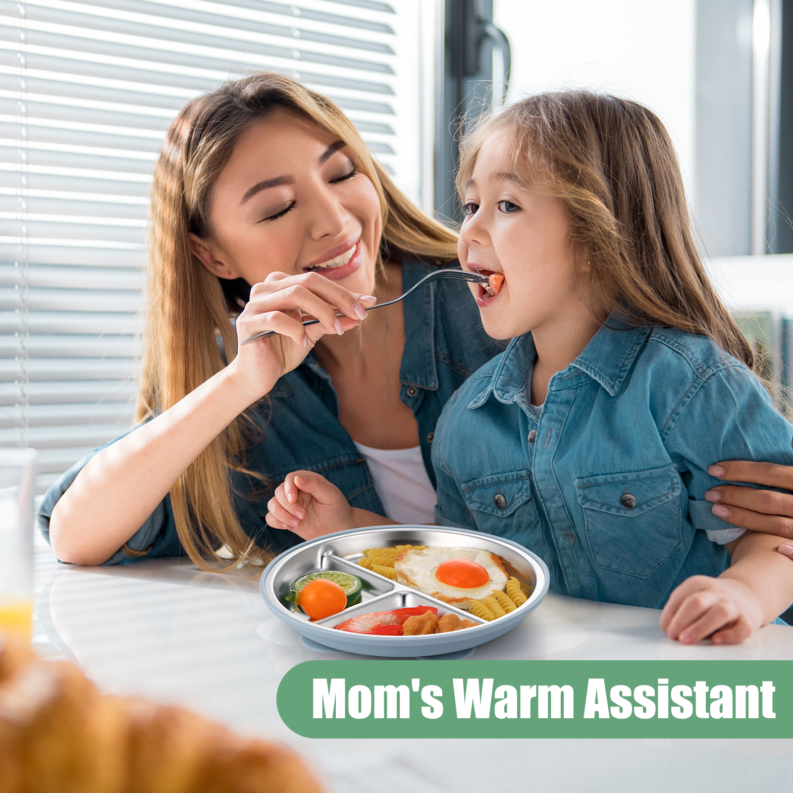 AOWOO 2-Pack Stainless Steel Baby Plates with Suction, 8.26” Divided Toddler Plate, BPA-Free Stainless Steel Kids Plates for Dishwasher Safe, Non-Slip Silicone Base, Detachable Design (Blue, Green)