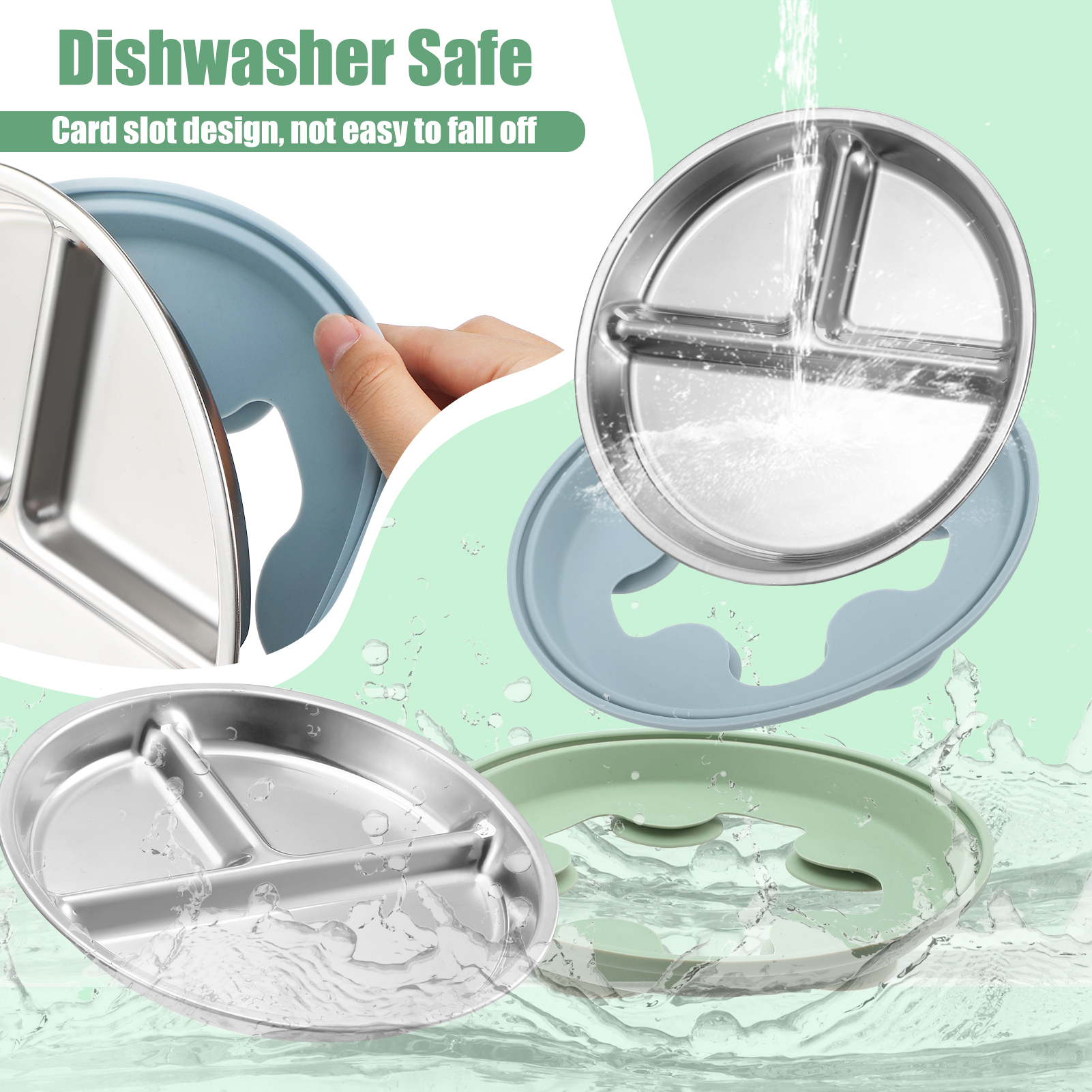 AOWOO 2-Pack Stainless Steel Baby Plates with Suction, 8.26” Divided Toddler Plate, BPA-Free Stainless Steel Kids Plates for Dishwasher Safe, Non-Slip Silicone Base, Detachable Design (Blue, Green)