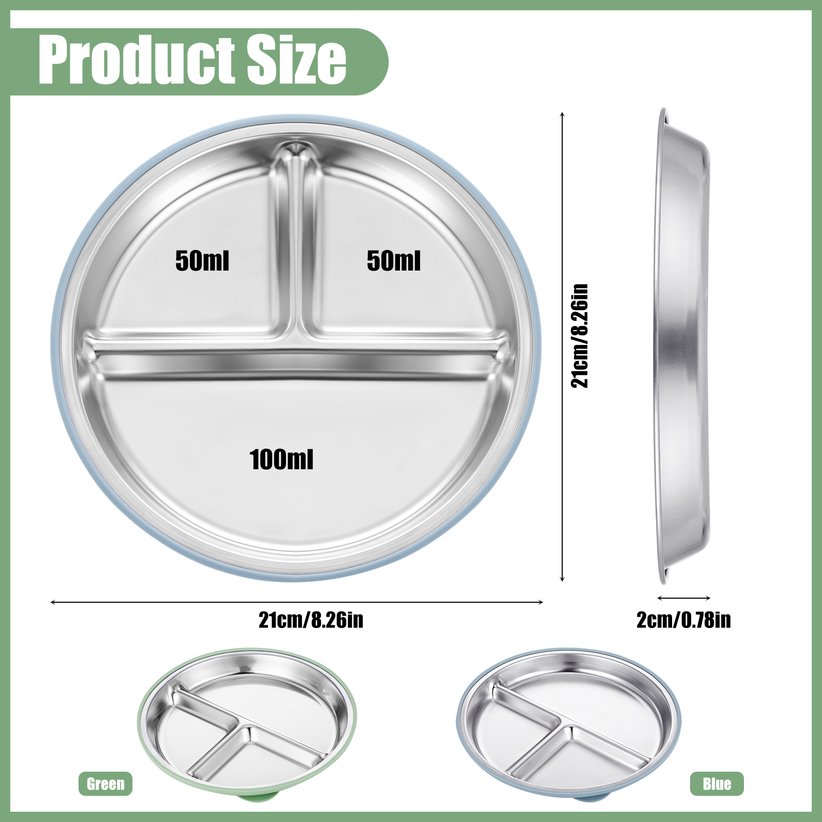 AOWOO 2-Pack Stainless Steel Baby Plates with Suction, 8.26” Divided Toddler Plate, BPA-Free Stainless Steel Kids Plates for Dishwasher Safe, Non-Slip Silicone Base, Detachable Design (Blue, Green)