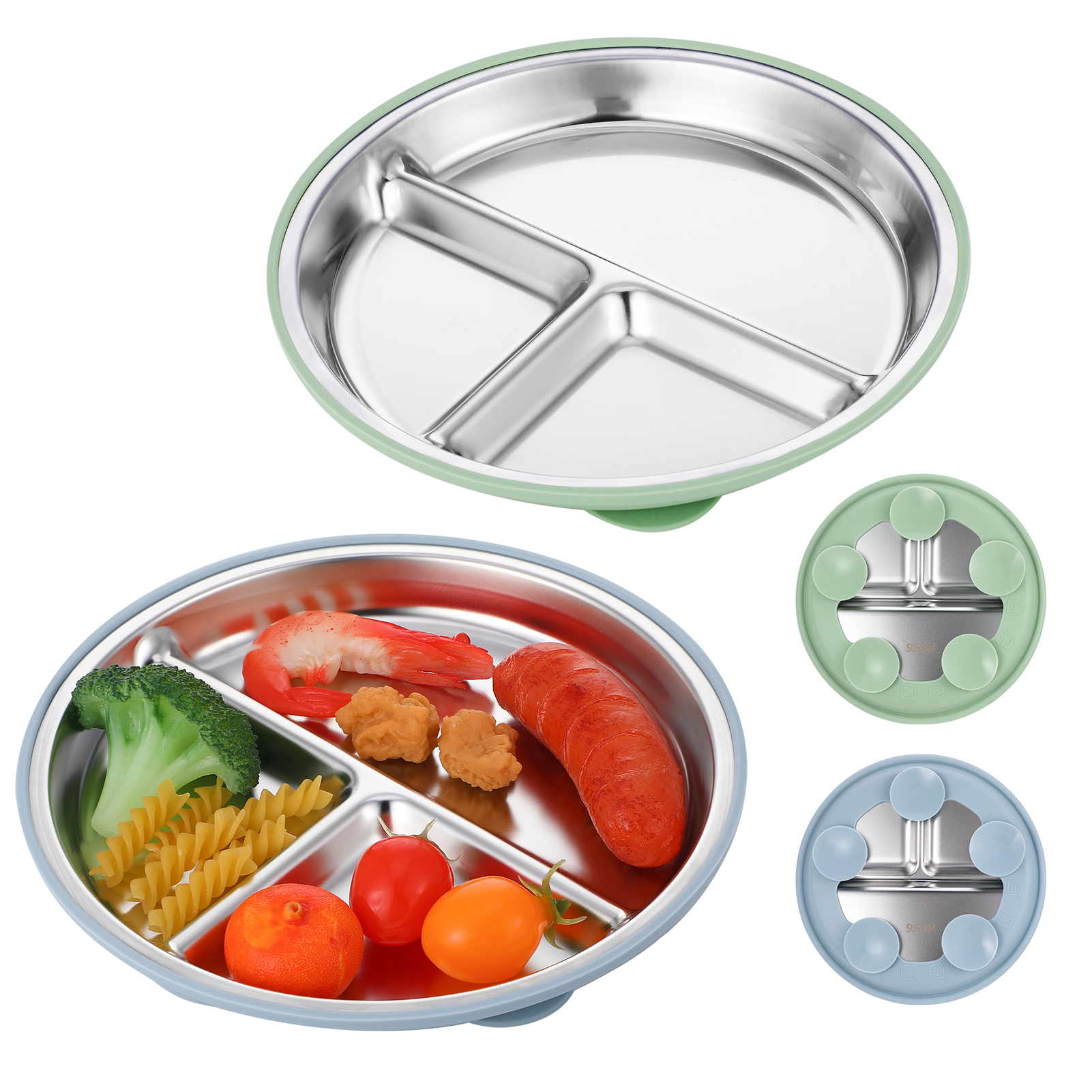 AOWOO 2-Pack Stainless Steel Baby Plates with Suction, 8.26” Divided Toddler Plate, BPA-Free Stainless Steel Kids Plates for Dishwasher Safe, Non-Slip Silicone Base, Detachable Design (Blue, Green)