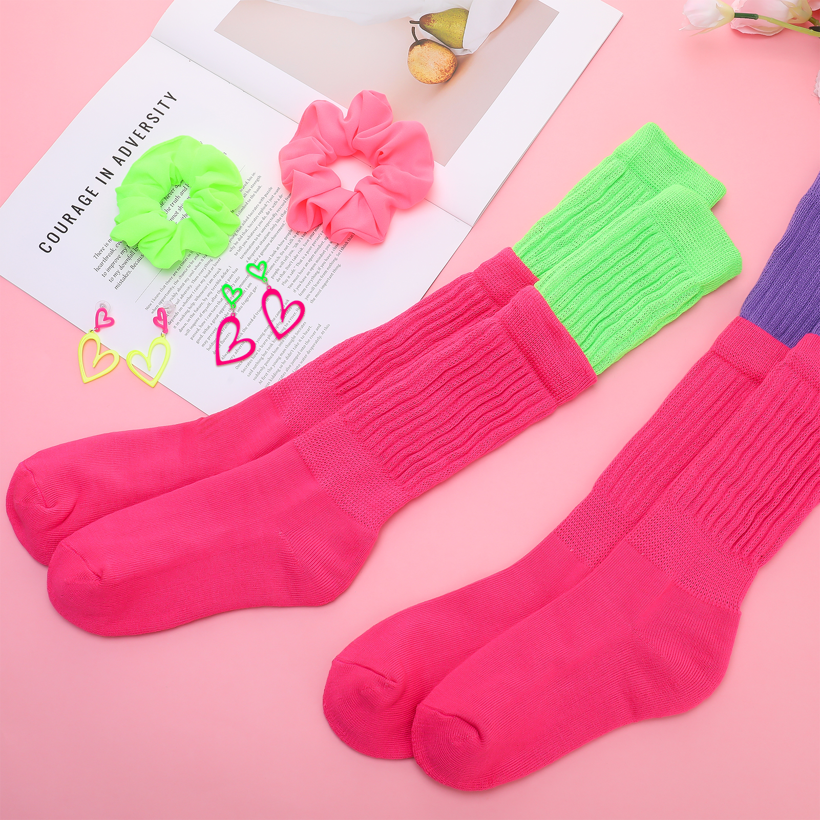 sixwipe 6 Pack 80s Accessories for Women, Included Neon Slouch Socks, Heart Earrings, Scrunchies, Neon Accessories Outfit Costume for 80s 90s Retro Party and Halloween