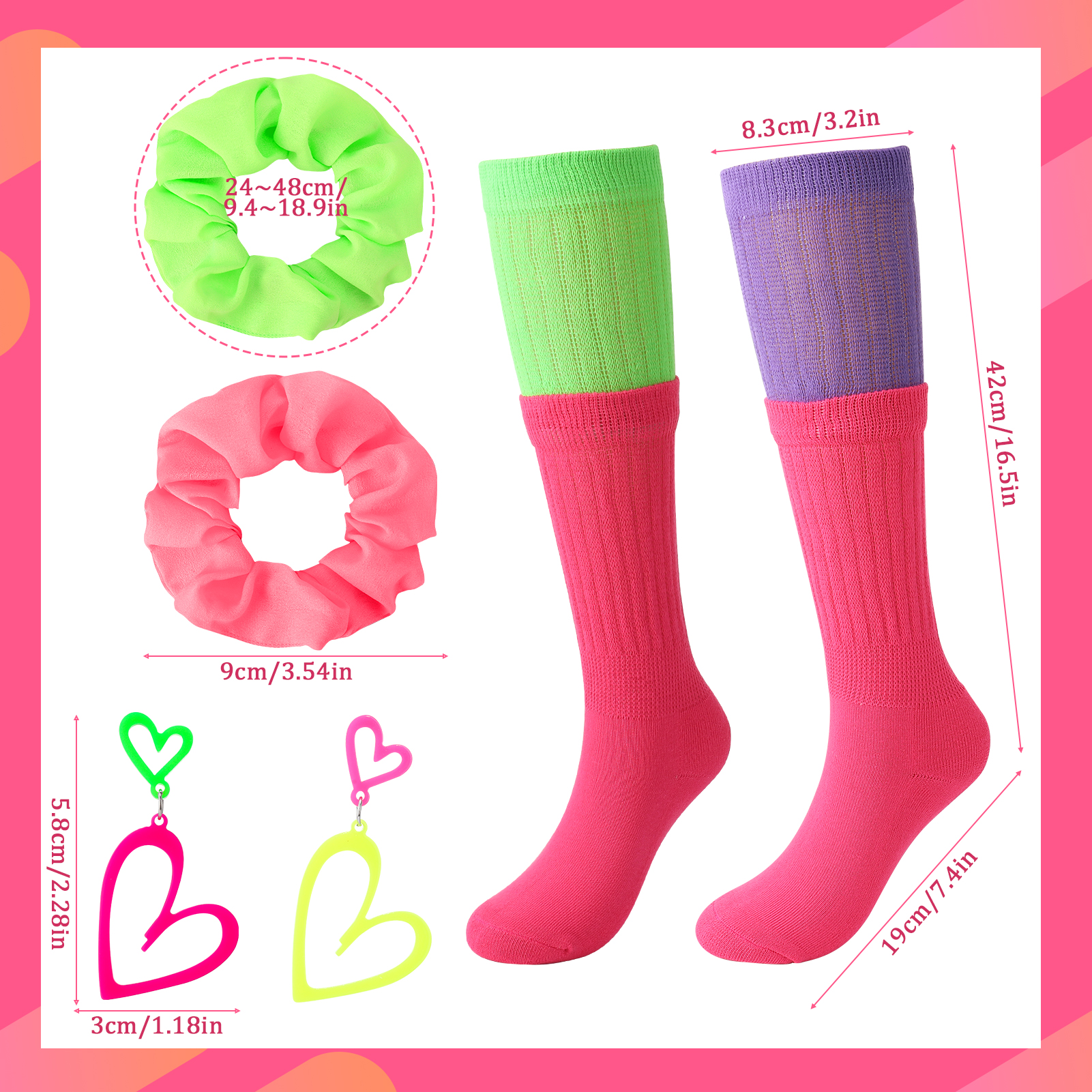 sixwipe 6 Pack 80s Accessories for Women, Included Neon Slouch Socks, Heart Earrings, Scrunchies, Neon Accessories Outfit Costume for 80s 90s Retro Party and Halloween