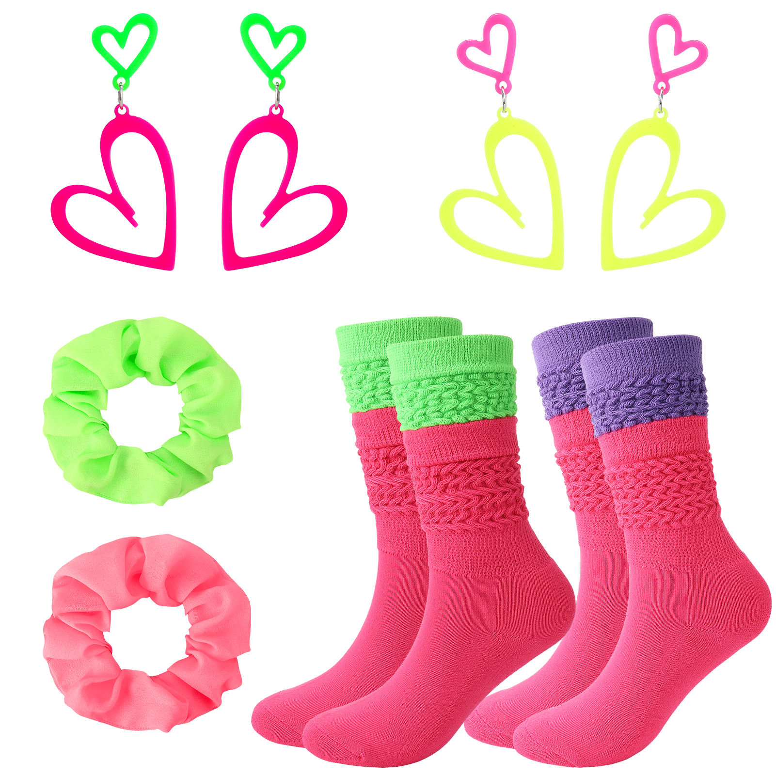 sixwipe 6 Pack 80s Accessories for Women, Included Neon Slouch Socks, Heart Earrings, Scrunchies, Neon Accessories Outfit Costume for 80s 90s Retro Party and Halloween