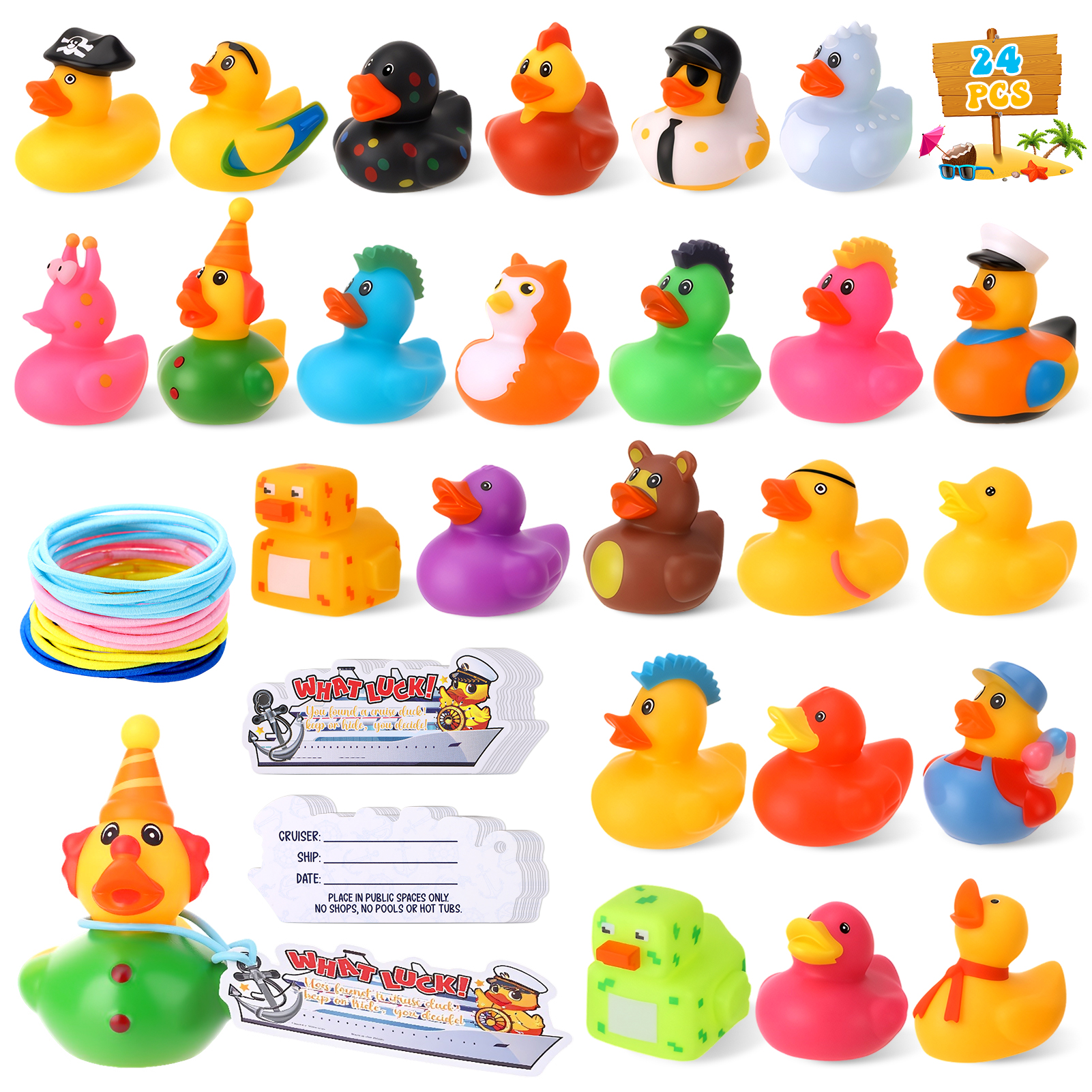 sixwipe 72 Pcs Rubber Ducks Bath Toys for Toddler, Rubber Ducks for Jeeper, 24 Assorted Cruise Rubber Ducks, 24 Cruise Tags, 24 Rubber Bands, Fun Carnival Cruise & Jeep Duck Game