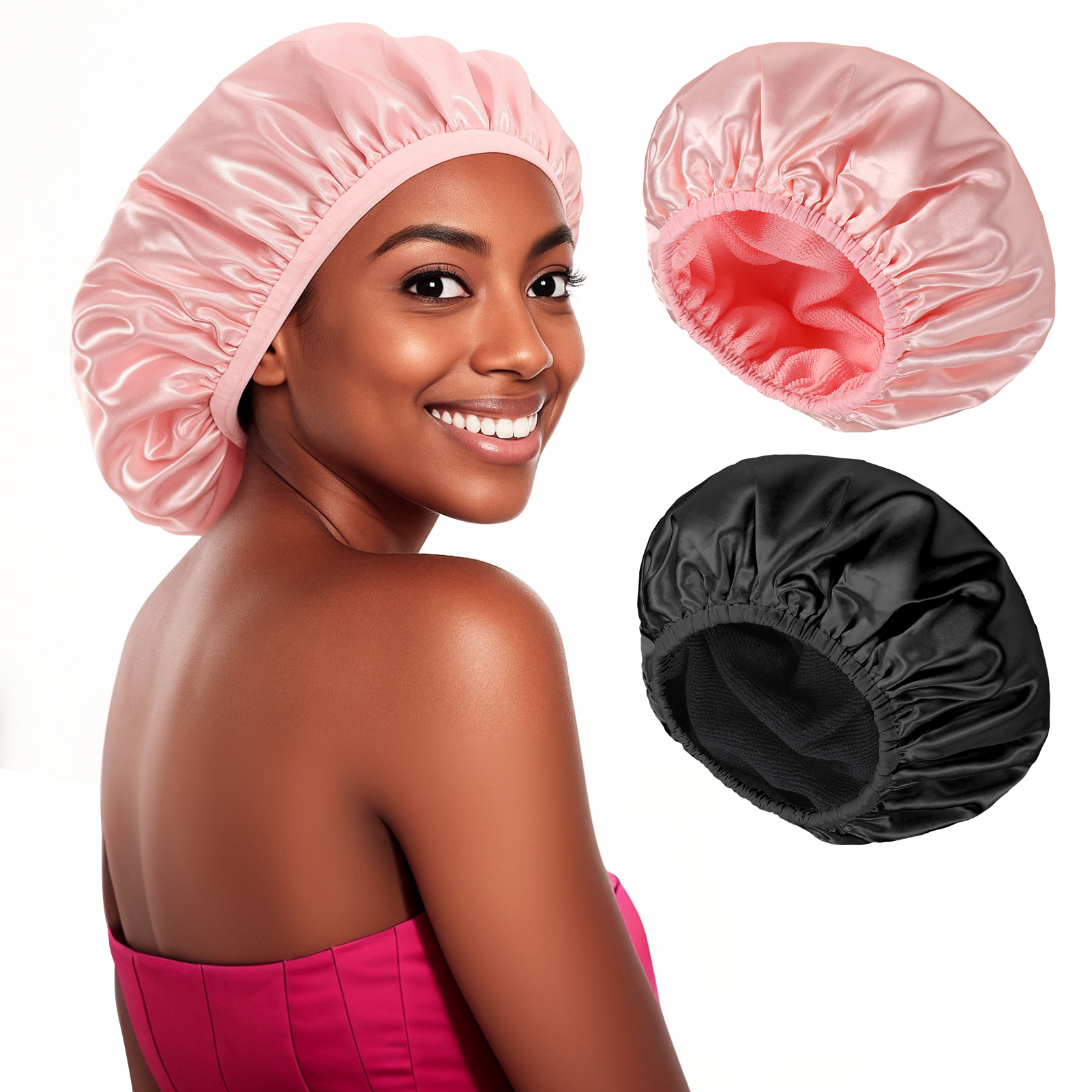 Bocaoying 2 Pcs 3 Layer Shower Caps for Women, Reusable Waterproof Spa Bonnets for Long/Curly Hair, Triple Layer Bath Caps, Black/Pink, Large Dry Silk Satin Bonnets for Hair Treatment, Sleeping