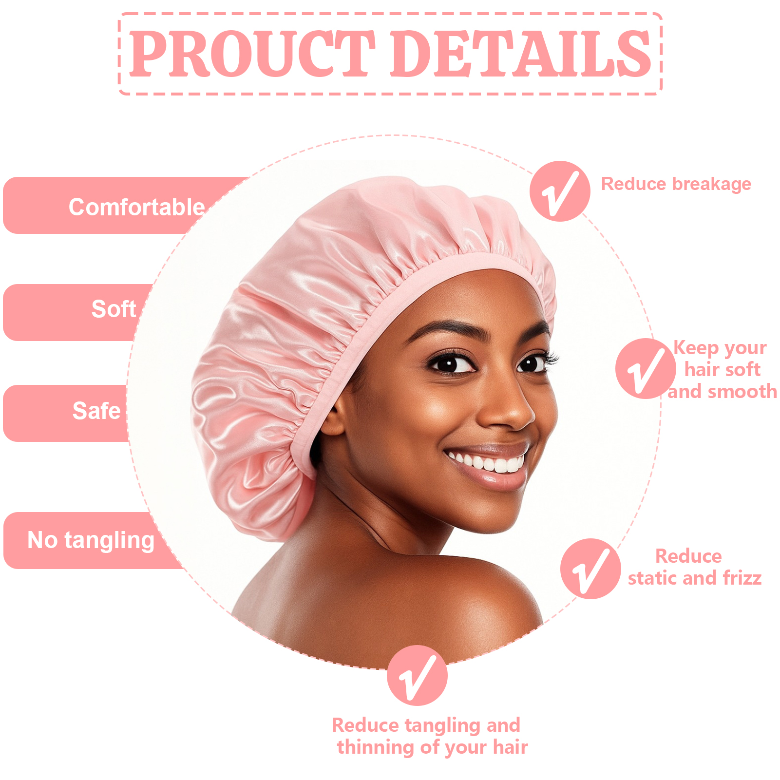 Bocaoying 2 Pcs 3 Layer Shower Caps for Women, Reusable Waterproof Spa Bonnets for Long/Curly Hair, Triple Layer Bath Caps, Black/Pink, Large Dry Silk Satin Bonnets for Hair Treatment, Sleeping