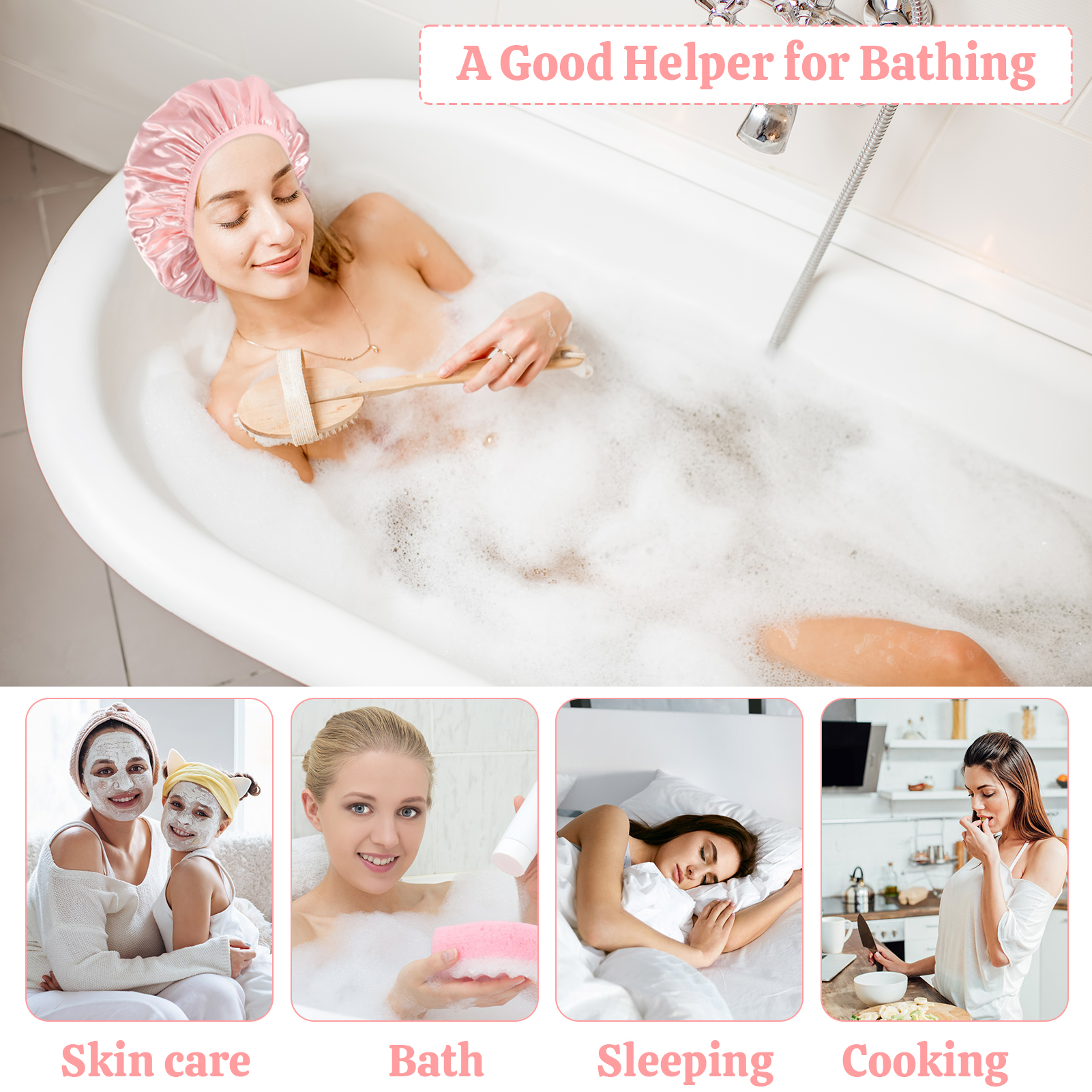 Bocaoying 2 Pcs 3 Layer Shower Caps for Women, Reusable Waterproof Spa Bonnets for Long/Curly Hair, Triple Layer Bath Caps, Black/Pink, Large Dry Silk Satin Bonnets for Hair Treatment, Sleeping