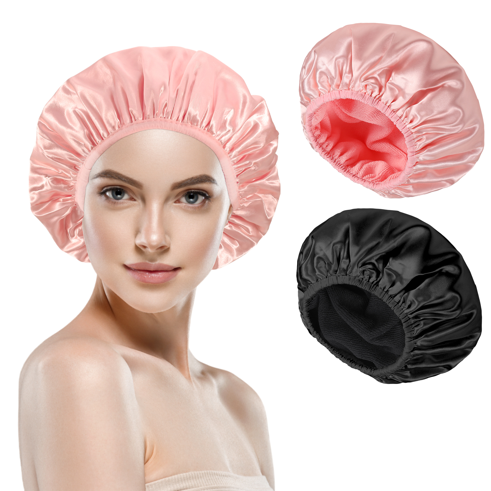 Bocaoying 2 Pcs 3 Layer Shower Caps for Women, Reusable Waterproof Spa Bonnets for Long/Curly Hair, Triple Layer Bath Caps, Black/Pink, Large Dry Silk Satin Bonnets for Hair Treatment, Sleeping
