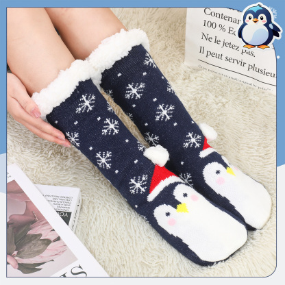 Bocaoying 2 Pack Soft Fuzzy Slipper Socks, Floor Socks with Lining Plush Edge, Penguin and Christmas Design Fluffy Grip Socks, Cozy Warm Socks for Gifts or Home, US 5-9.5